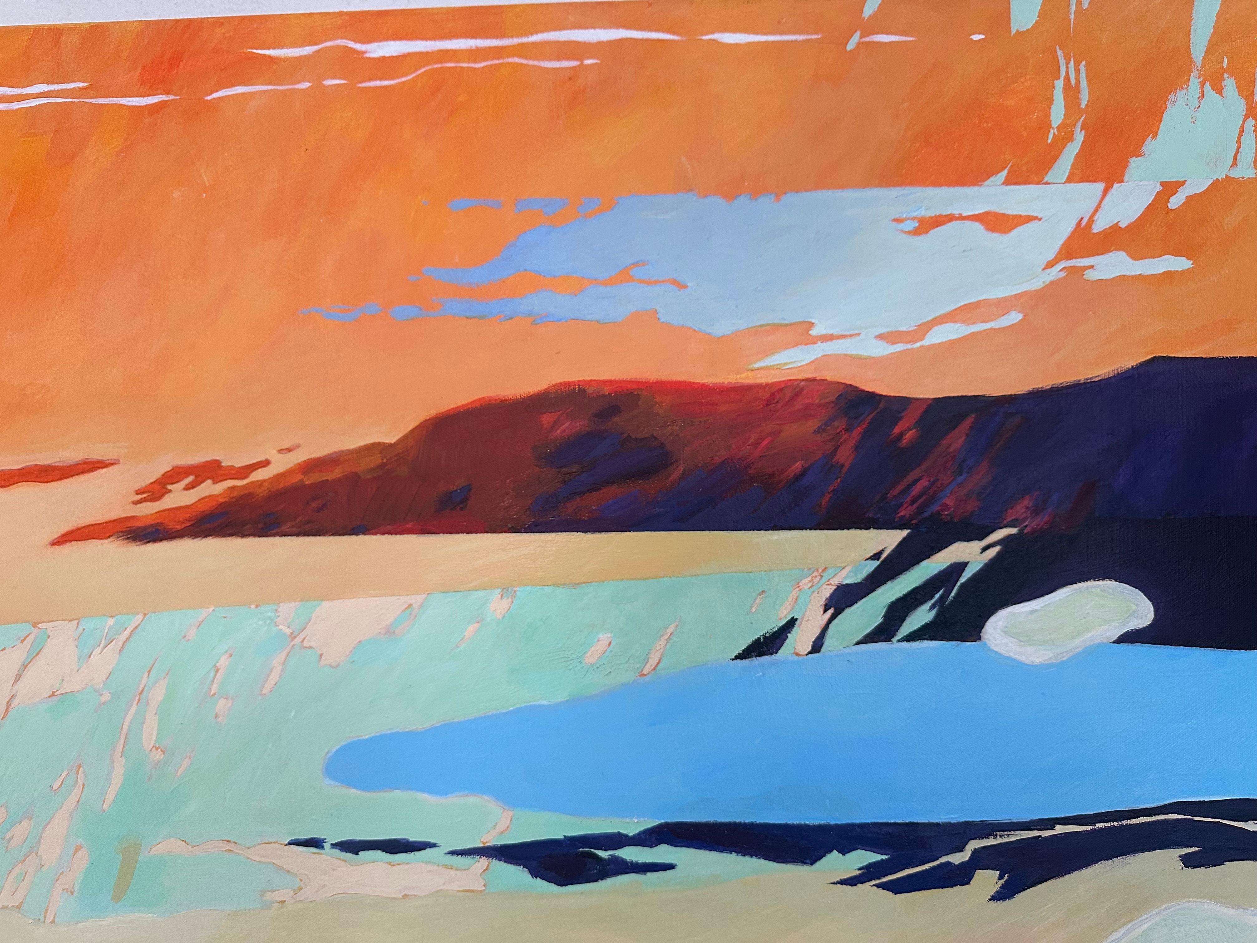 Ce paysage abstrait peint par l'artiste danois Steffen Bue plonge le spectateur dans une nouvelle interprétation de la couleur, de la forme et du mouvement. Avec une perspective zoomée, Bue crée un paysage fluide et contemporain où l'horizon et le