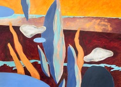 Paesaggio extra-large. Pittura figurativa astratta contemporanea con orizzonte arancione