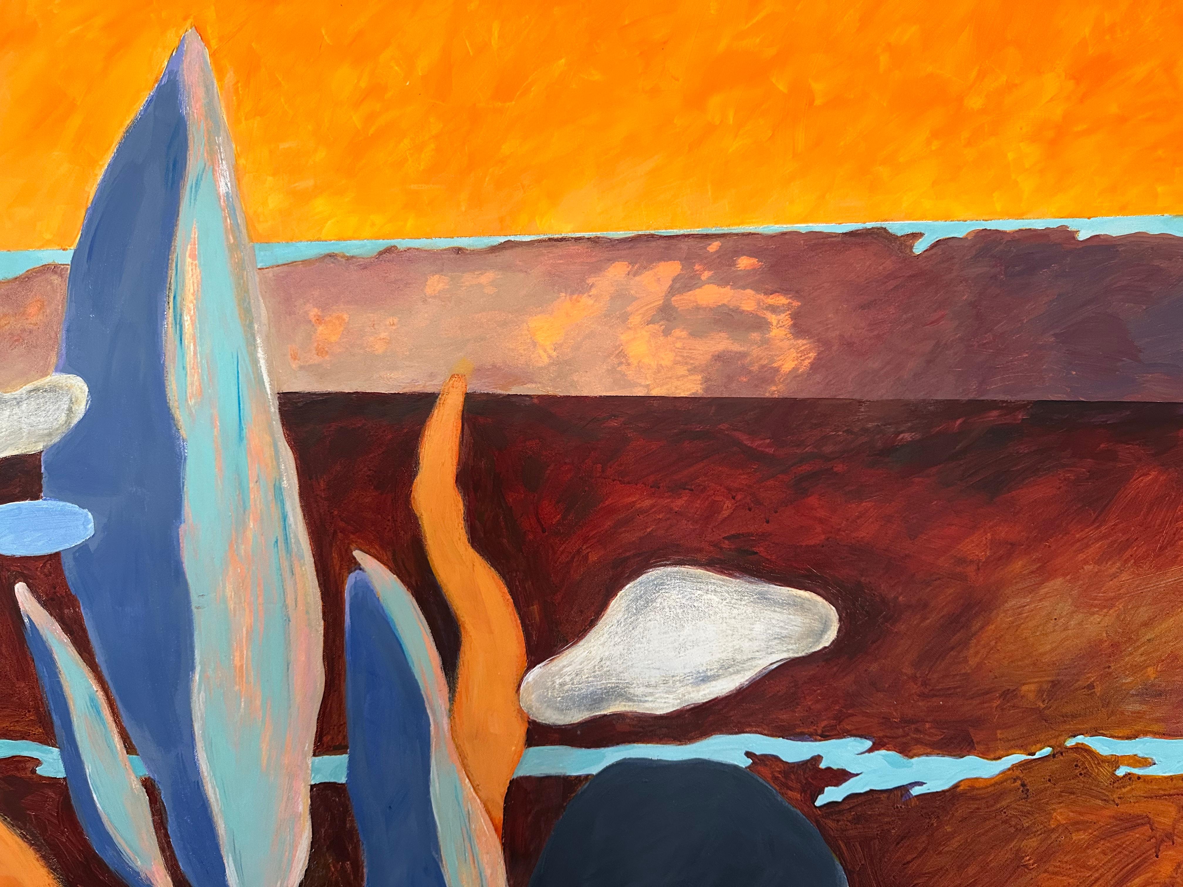 Adventure Ahead, un cautivador paisaje abstracto contemporáneo del artista danés Steffen Bue. Este impresionante cuadro acrílico de 100 x 140 cm atrae al espectador hacia una emocionante interacción entre suaves formaciones parecidas a nubes y