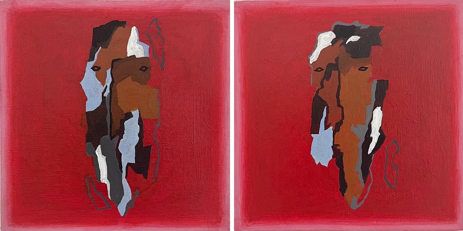 "Nice Friend I & II" A Pair Of 2 Miniature Pink Red & Blue Abstract Portraits