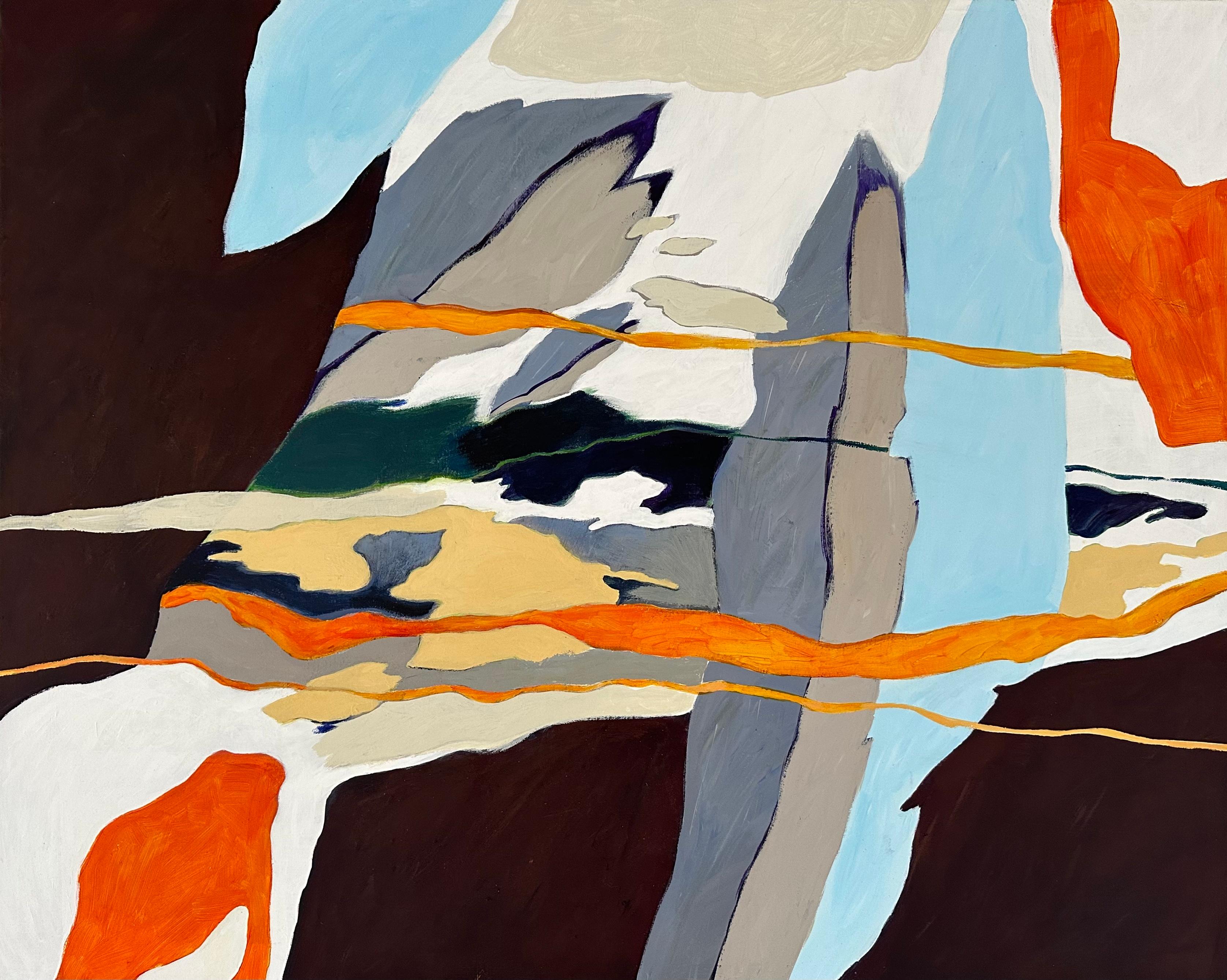 "Step Carefully" est une peinture abstraite contemporaine de l'artiste danois Steffen Bue qui vous invite à faire l'expérience d'une création vivante et dynamique. Sa palette vibrante, composée d'orange vif, de gris, de bleu clair et de petites