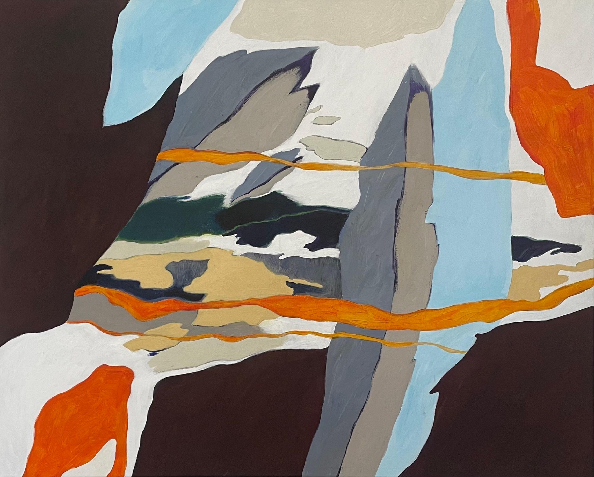 "Step Carefully" is a contemporary abstract painting that invites you to experience a vivid and dynamic creation, where movement and calm coexist. Its vibrant palette, featuring bright orange, gray, light blue, and small areas of light yellow,