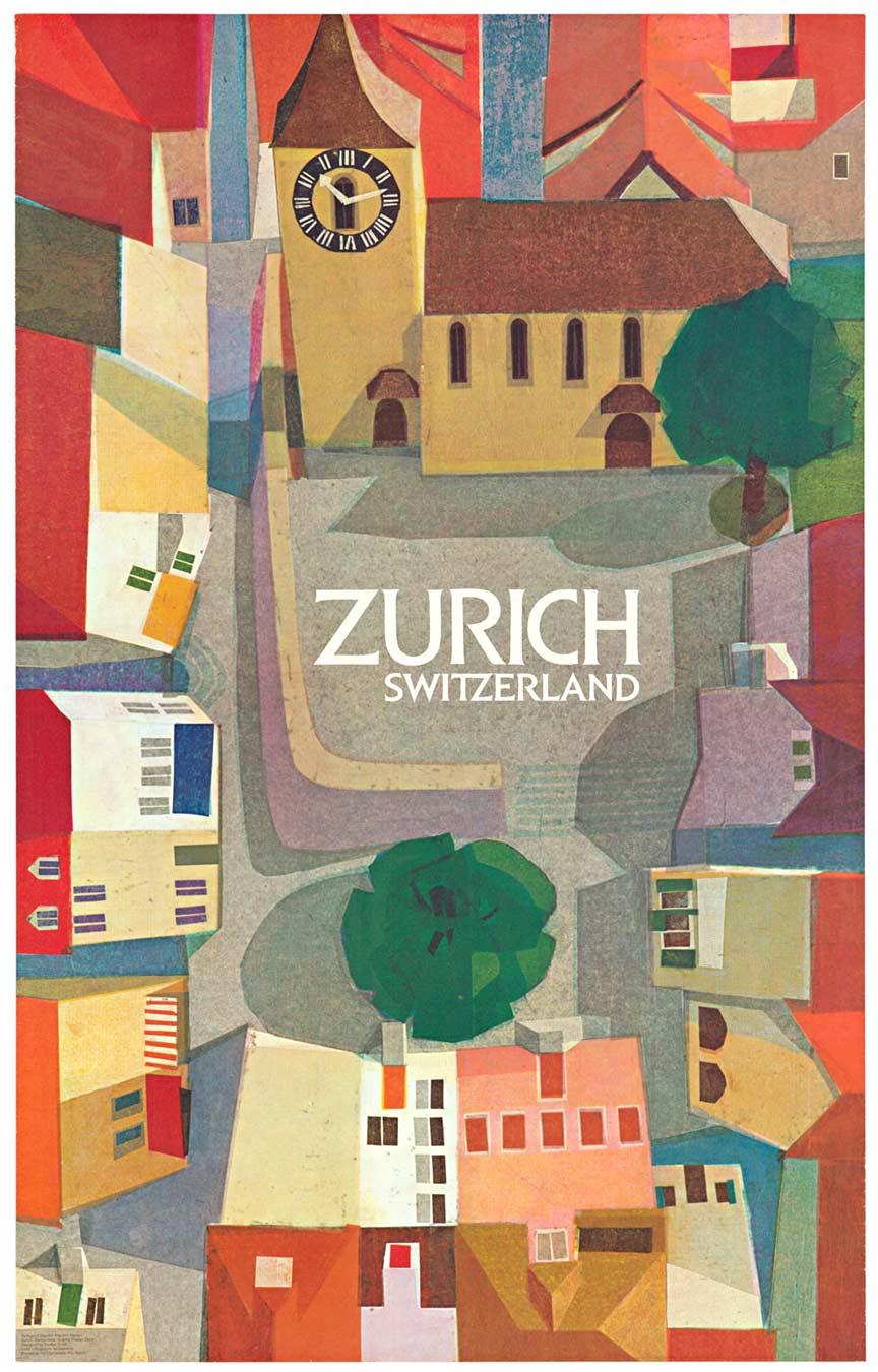 Steffen Wolff Landscape Print - Original Zurich, Switzerland vintage travel poster