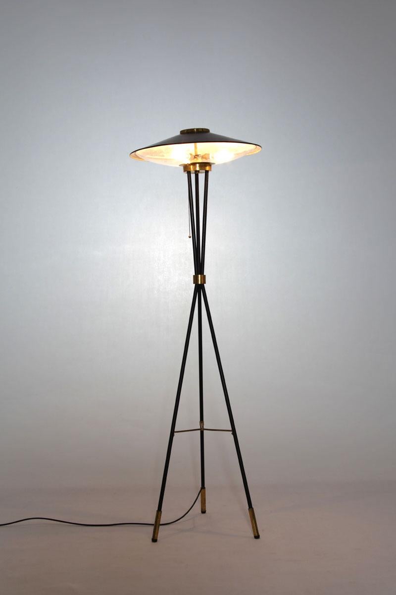 Floor Lamp - Design and Manufacturing by Stilnovo, Italy, 1950s. This lamp has a lacquered aluminium shade. Further elements are brass, lacquered iron and glass. 