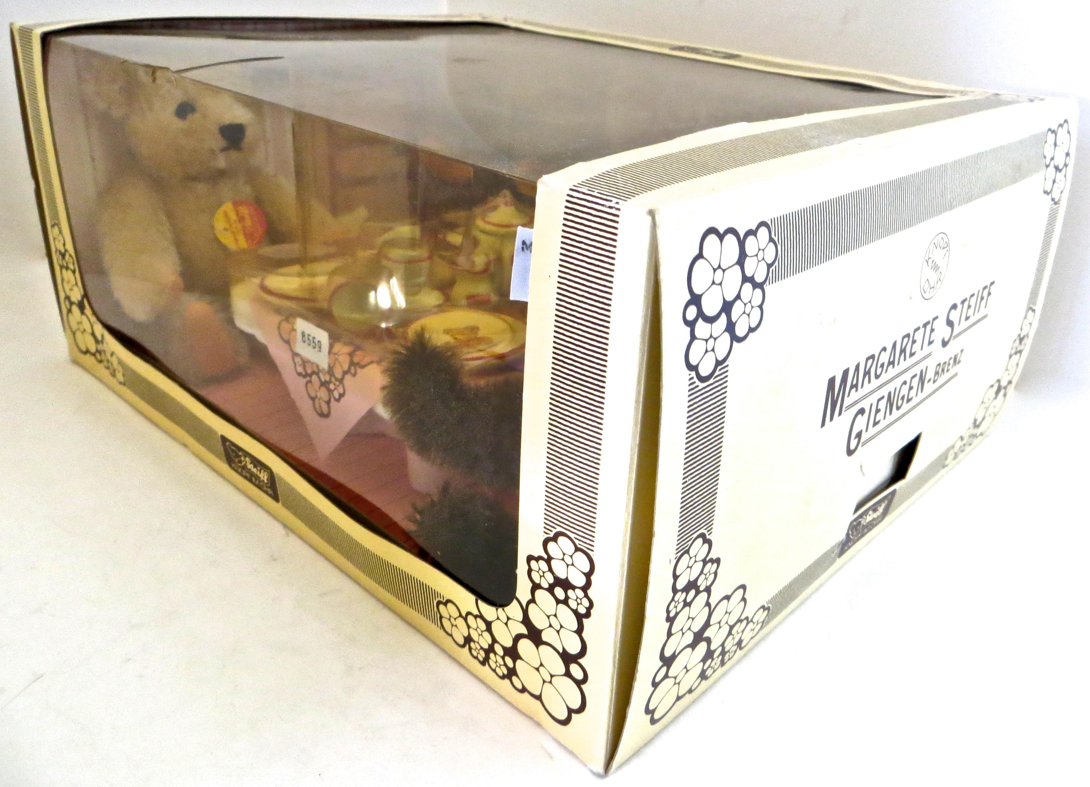 This is mint in the box (unopened); depicts four mohair jointed teddy bears, one in each corner (approximately 6