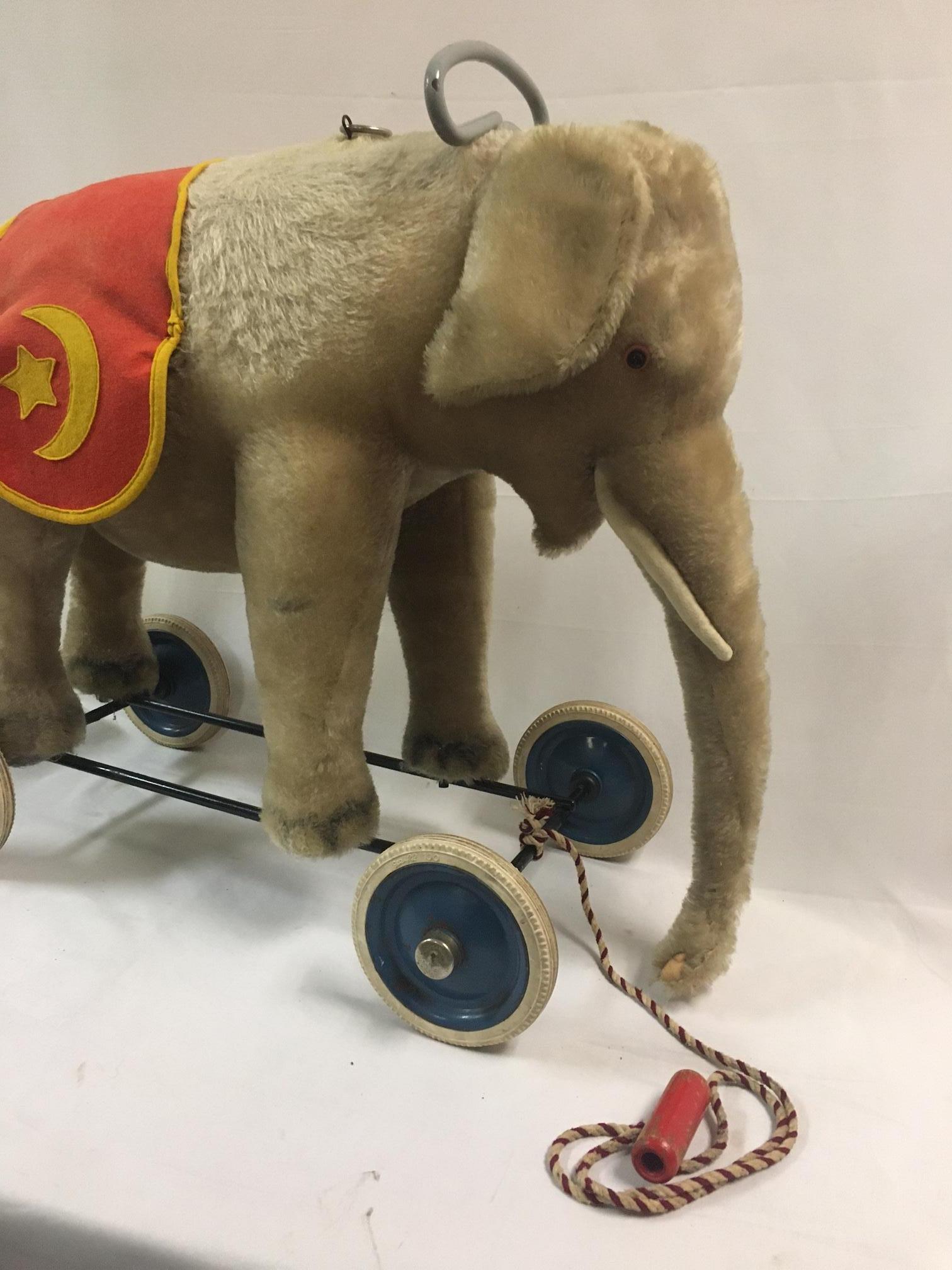 Vintage German Steiff elephant riding toy, on rubber-edged metal wheels, signed Steiff on original gold ear button, functional pull string growler on the top of the back, glass eyes, original pull cord and steering handle. The tan fur is mohair over