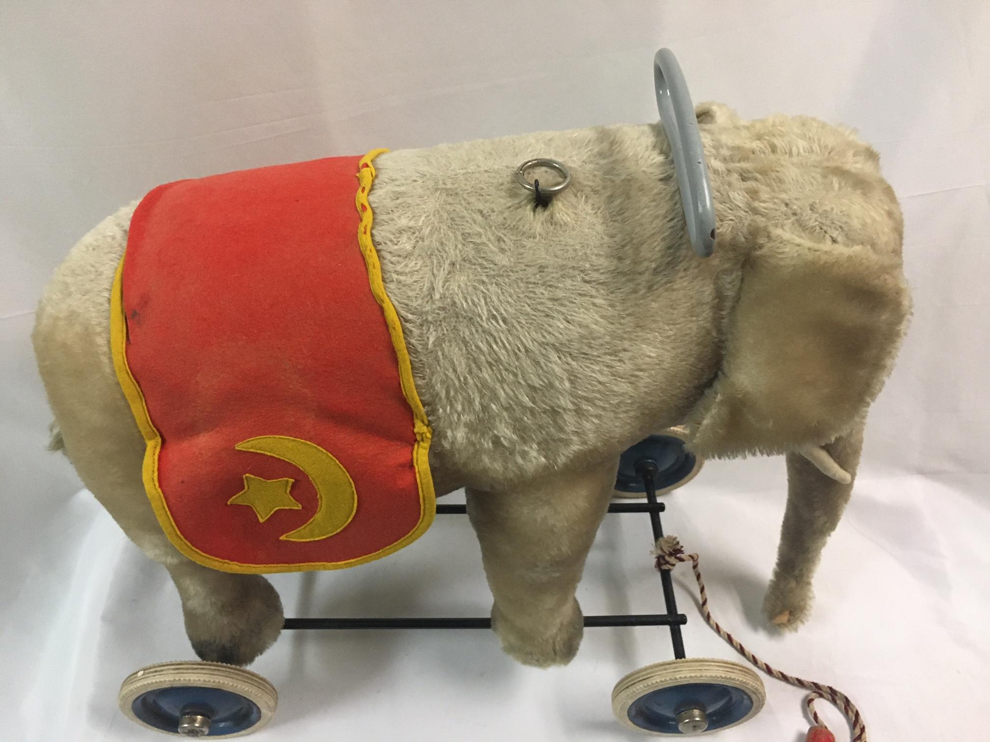Anglo-Indian Steiff Riding Elephant on Wheels With Growler and Felt Saddle