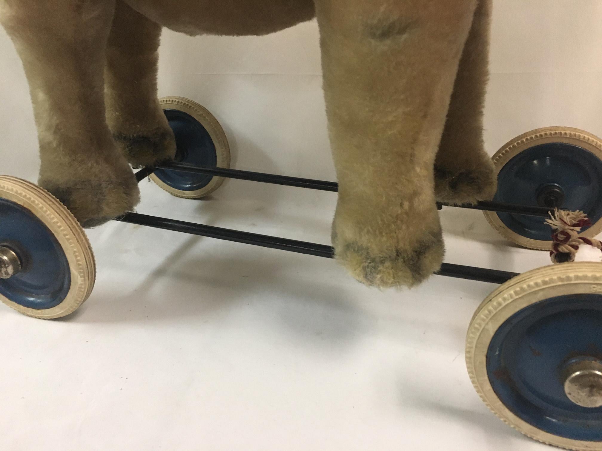 German Steiff Riding Elephant on Wheels With Growler and Felt Saddle
