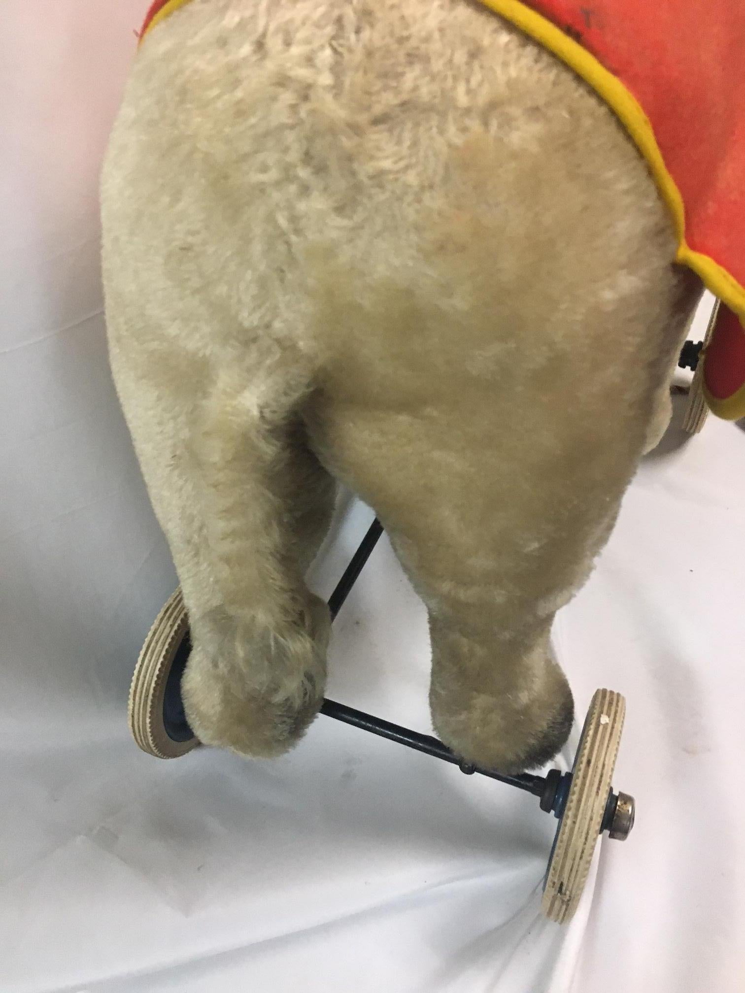 Late 20th Century Steiff Riding Elephant on Wheels With Growler and Felt Saddle