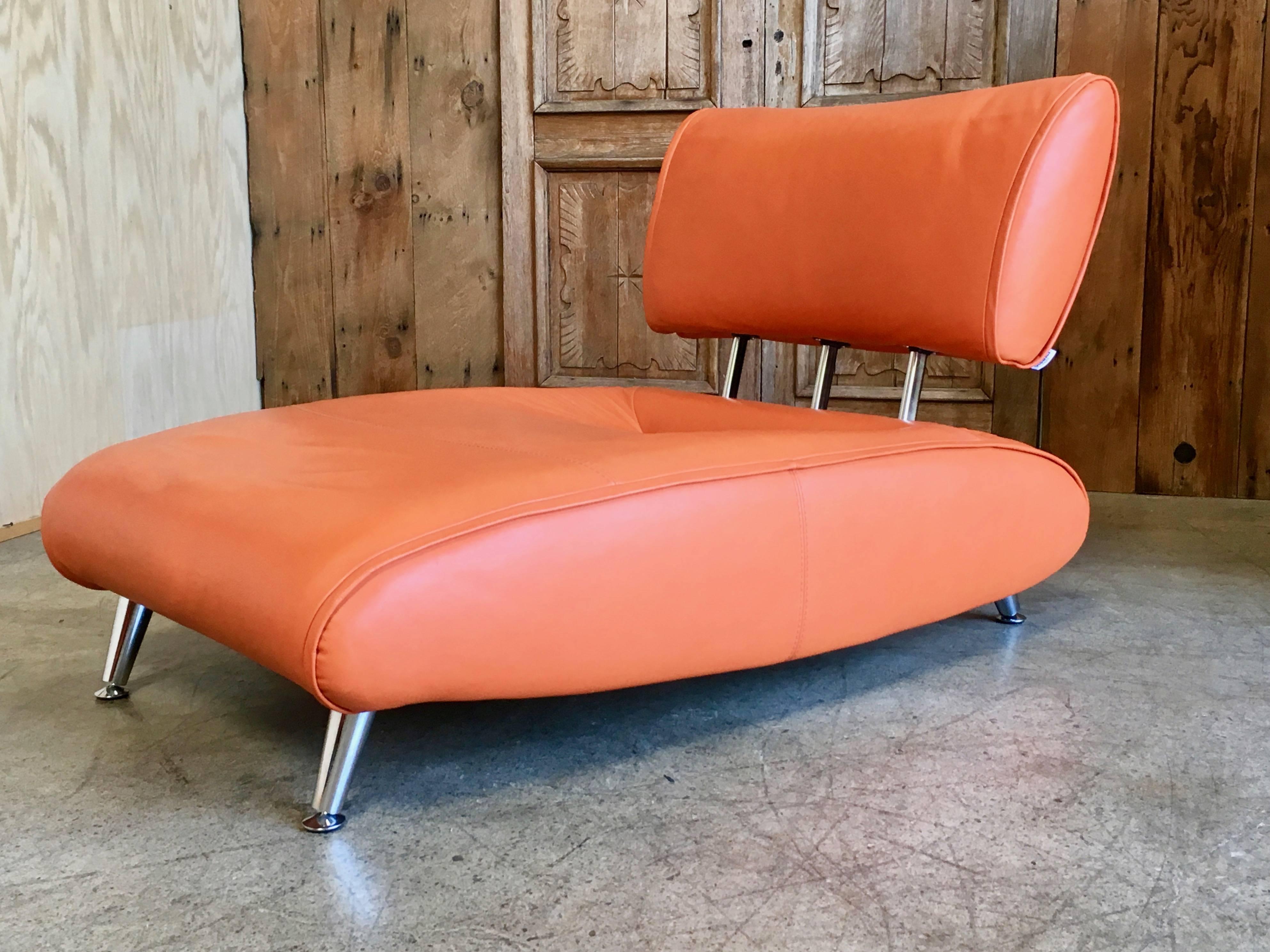 Orange leather with adjustable backrest and chrome legs by Steiner of Paris, France.