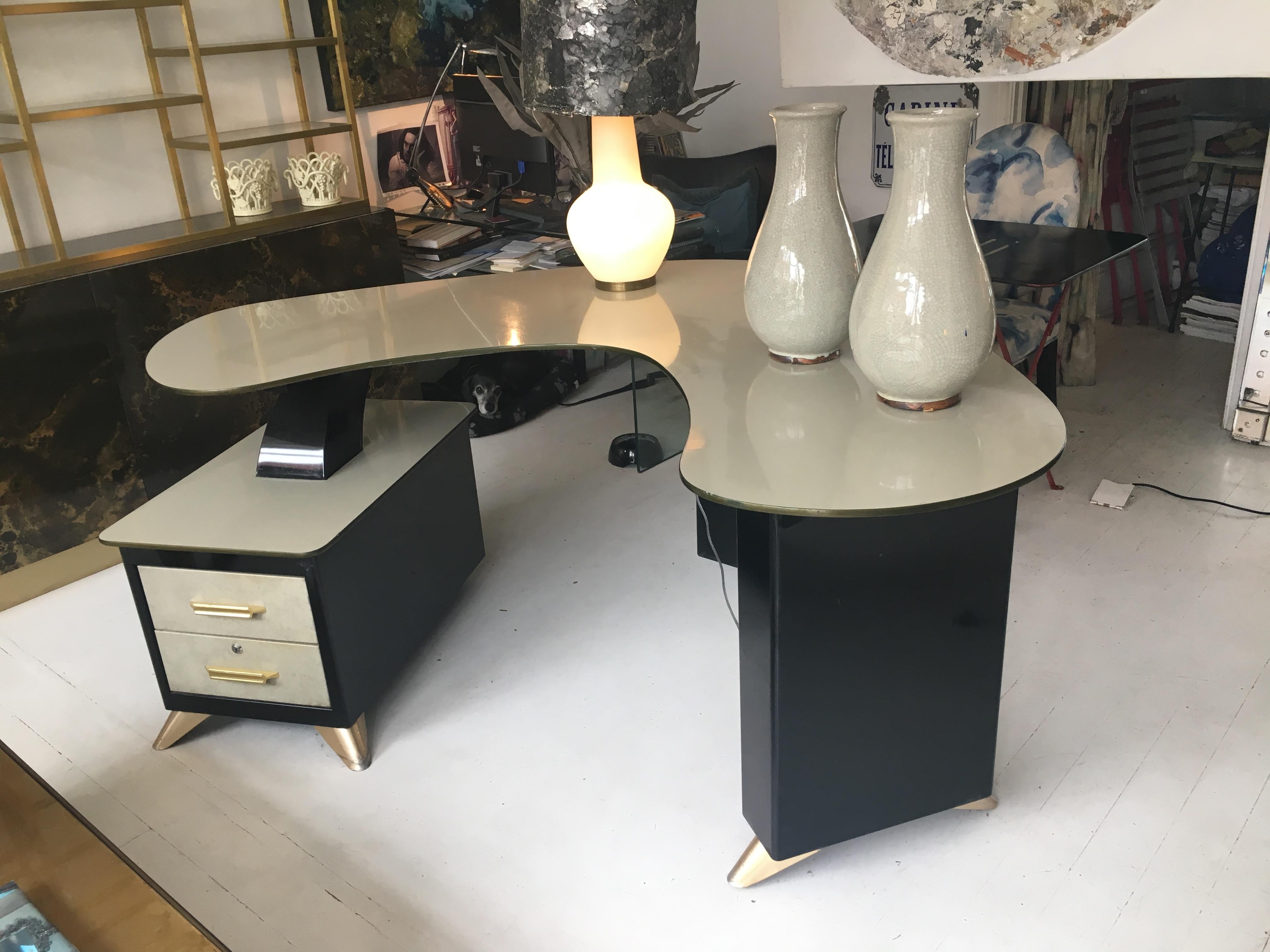 20th Century Steiner Metal Desk with Faux Vellum Drawer Fronts and Formica Tops, French, 1963 For Sale