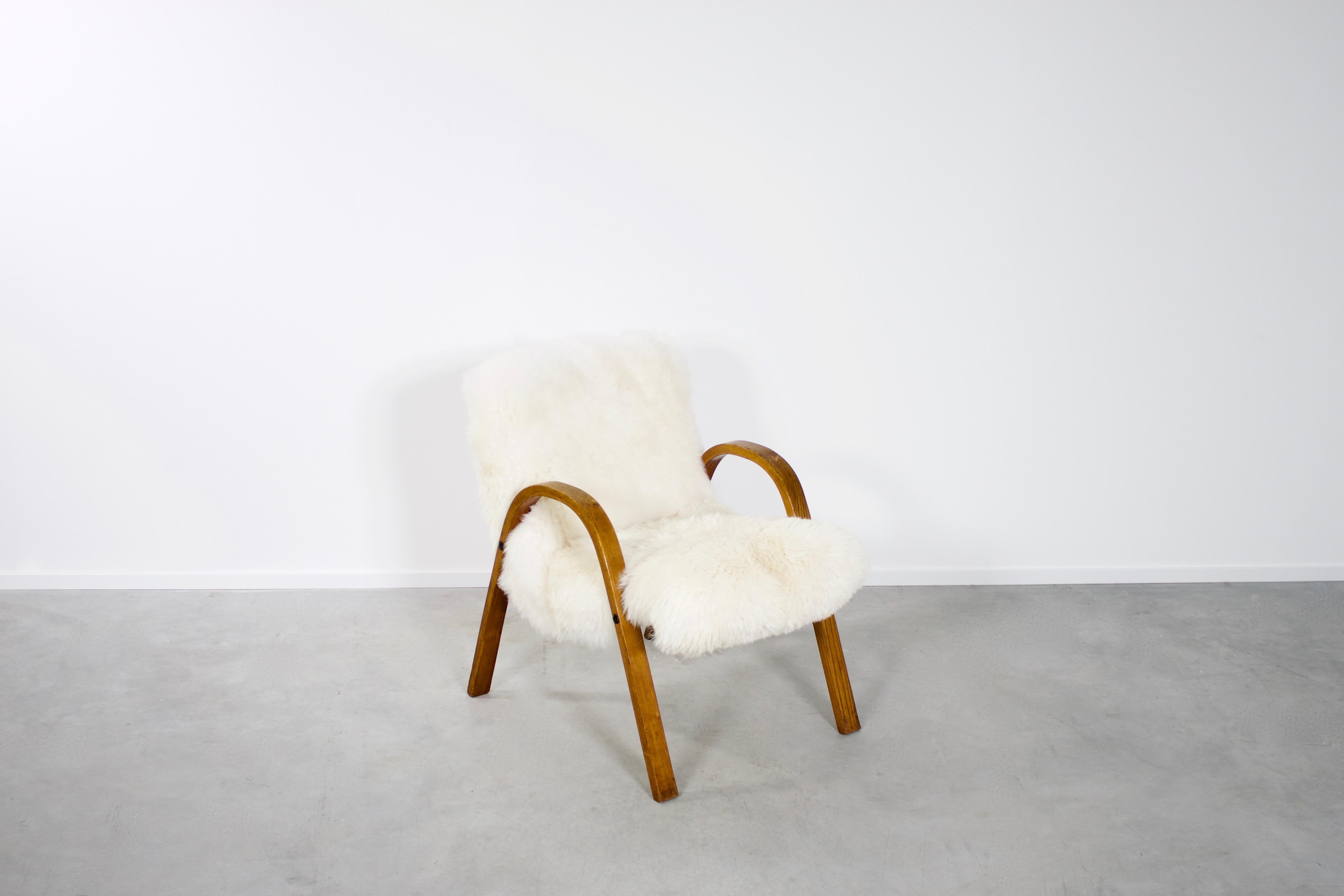 French Steiner Sheepskin Bow Wood Chair, 1948, France