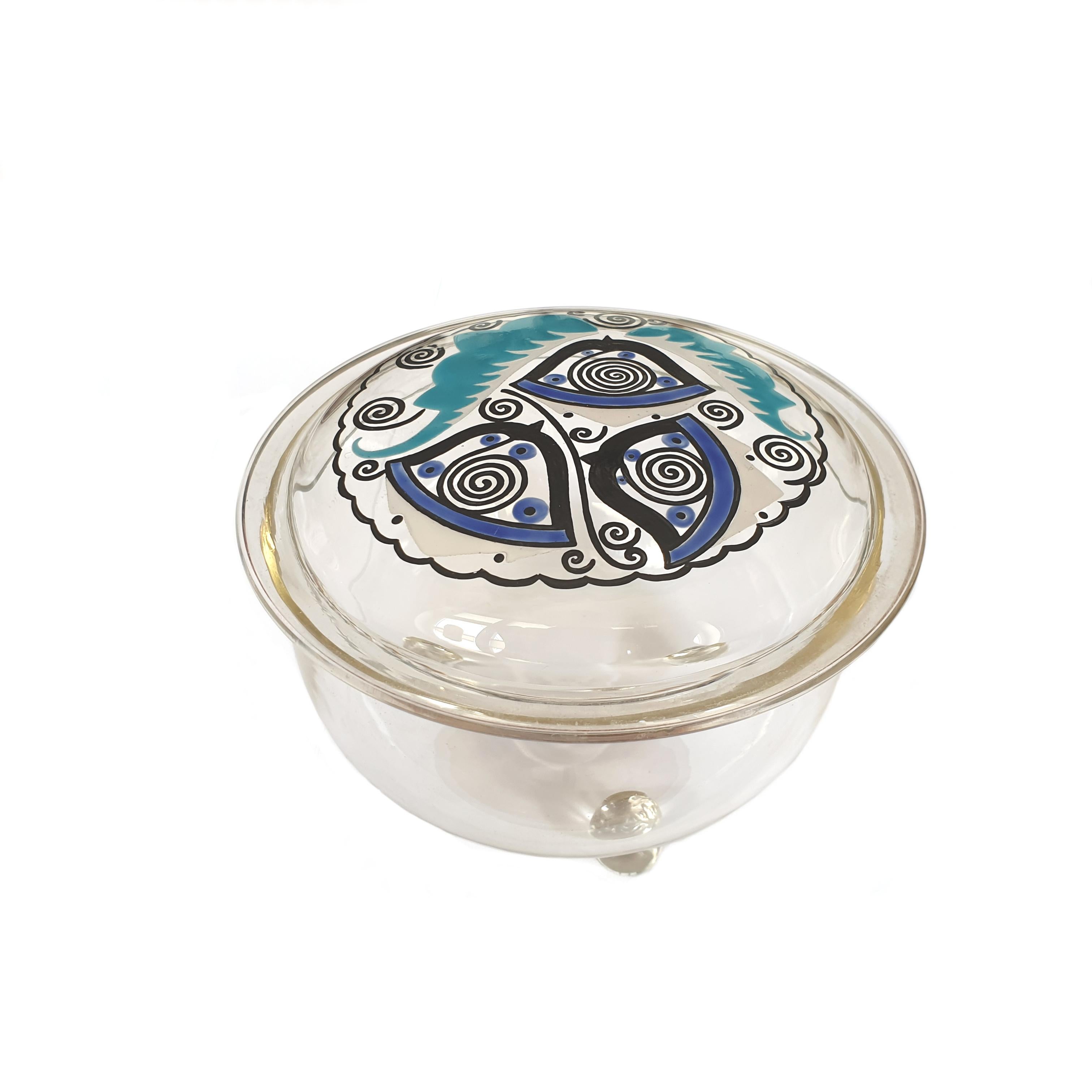 Steinschönau ( Bohemia ), circa 1910. Transparent glass lidded bowl. Lid hand painted, 
edge with gold staffage. Measures: Diameter 4.33 in ( 11 cm ), Height 3.46 in ( 8.8 cm ).


  