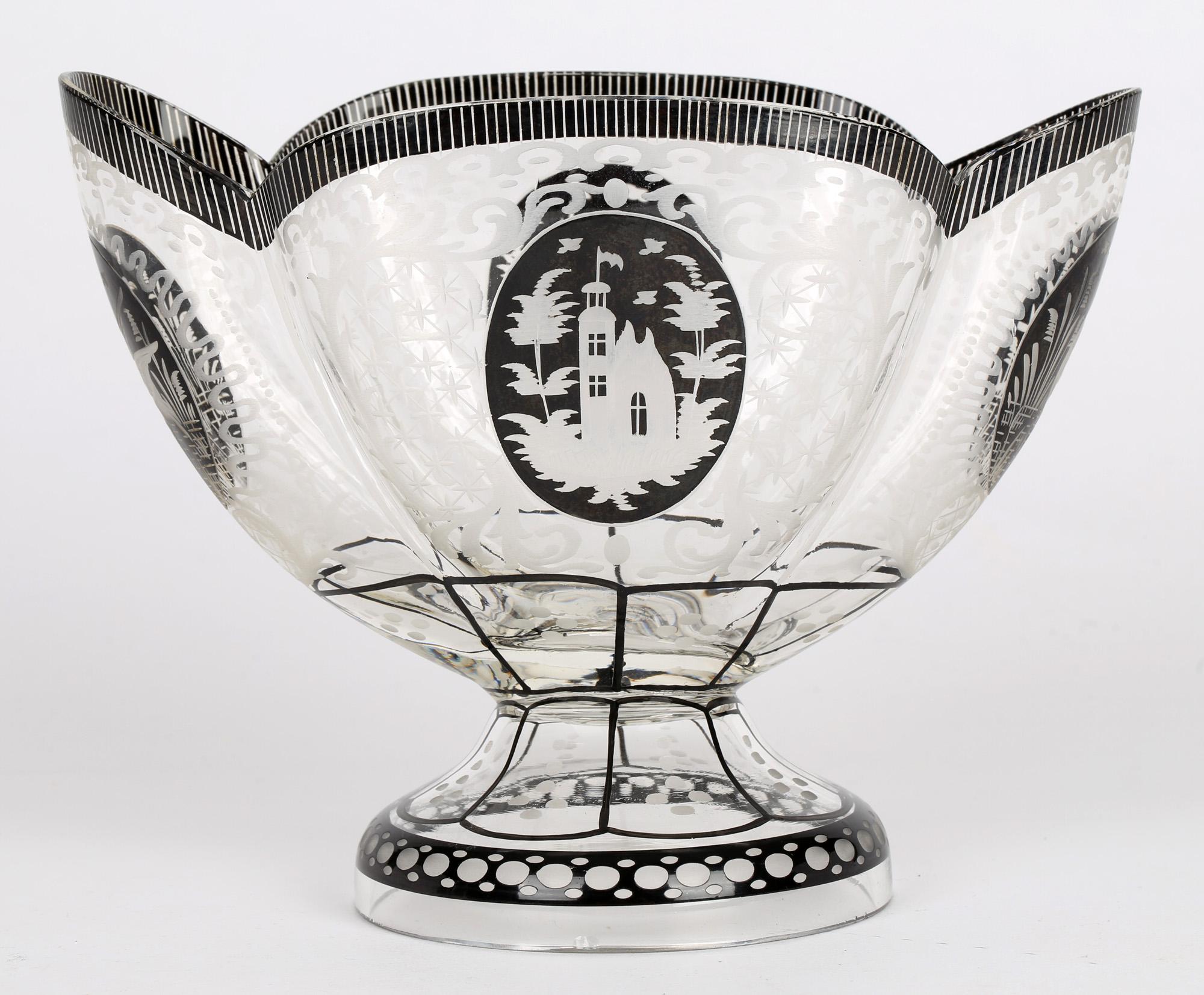 Enameled Steinschönau Schwarzlot Engraved and Etched Glass Pedestal Vase