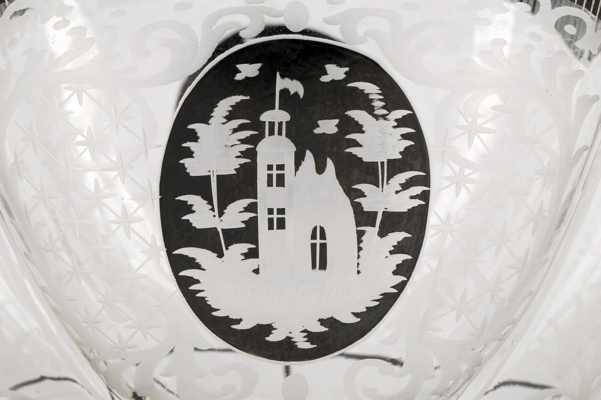 Steinschönau Schwarzlot Engraved and Etched Glass Pedestal Vase In Good Condition In Bishop's Stortford, Hertfordshire