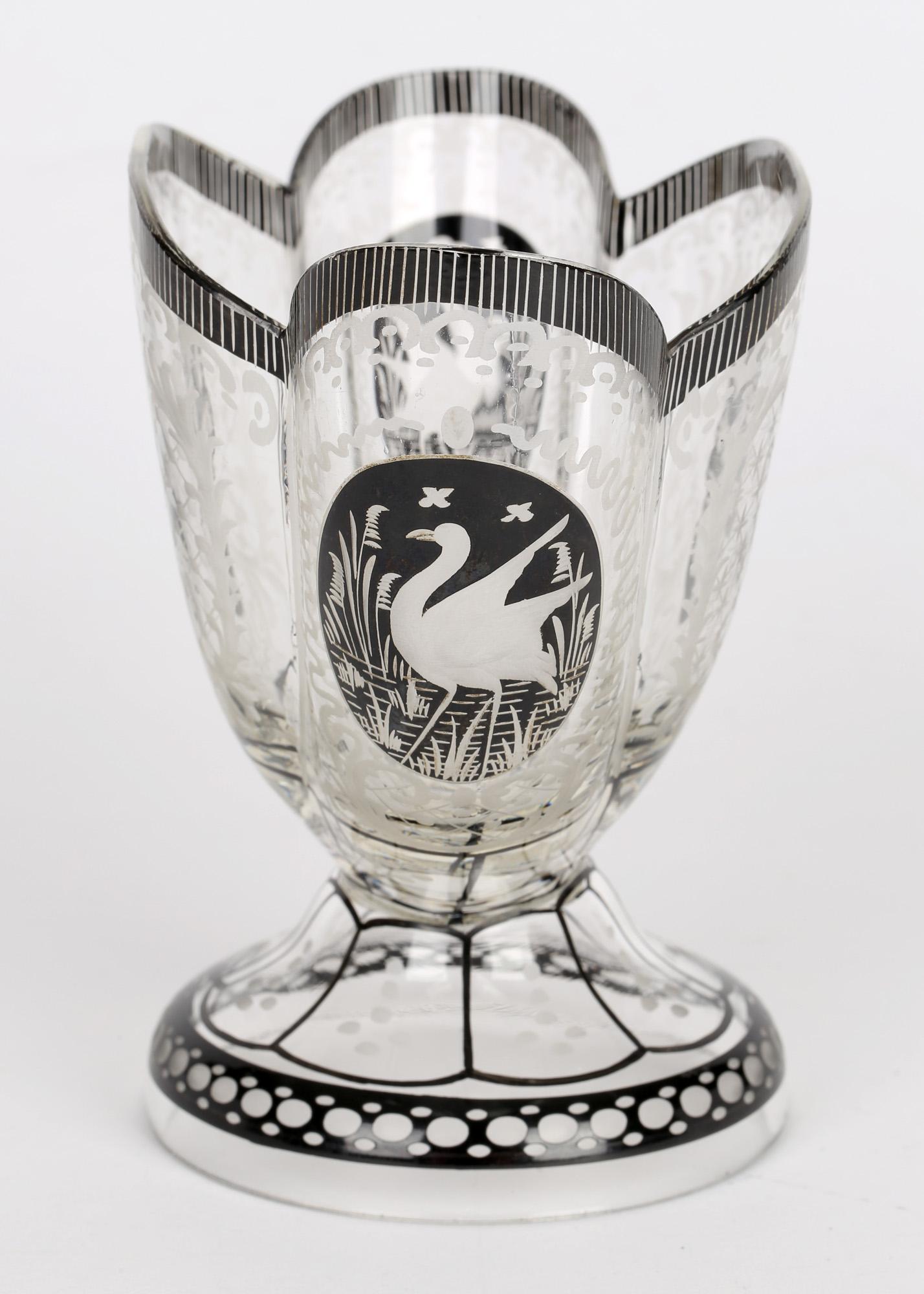 Steinschönau Schwarzlot Engraved and Etched Glass Pedestal Vase 1