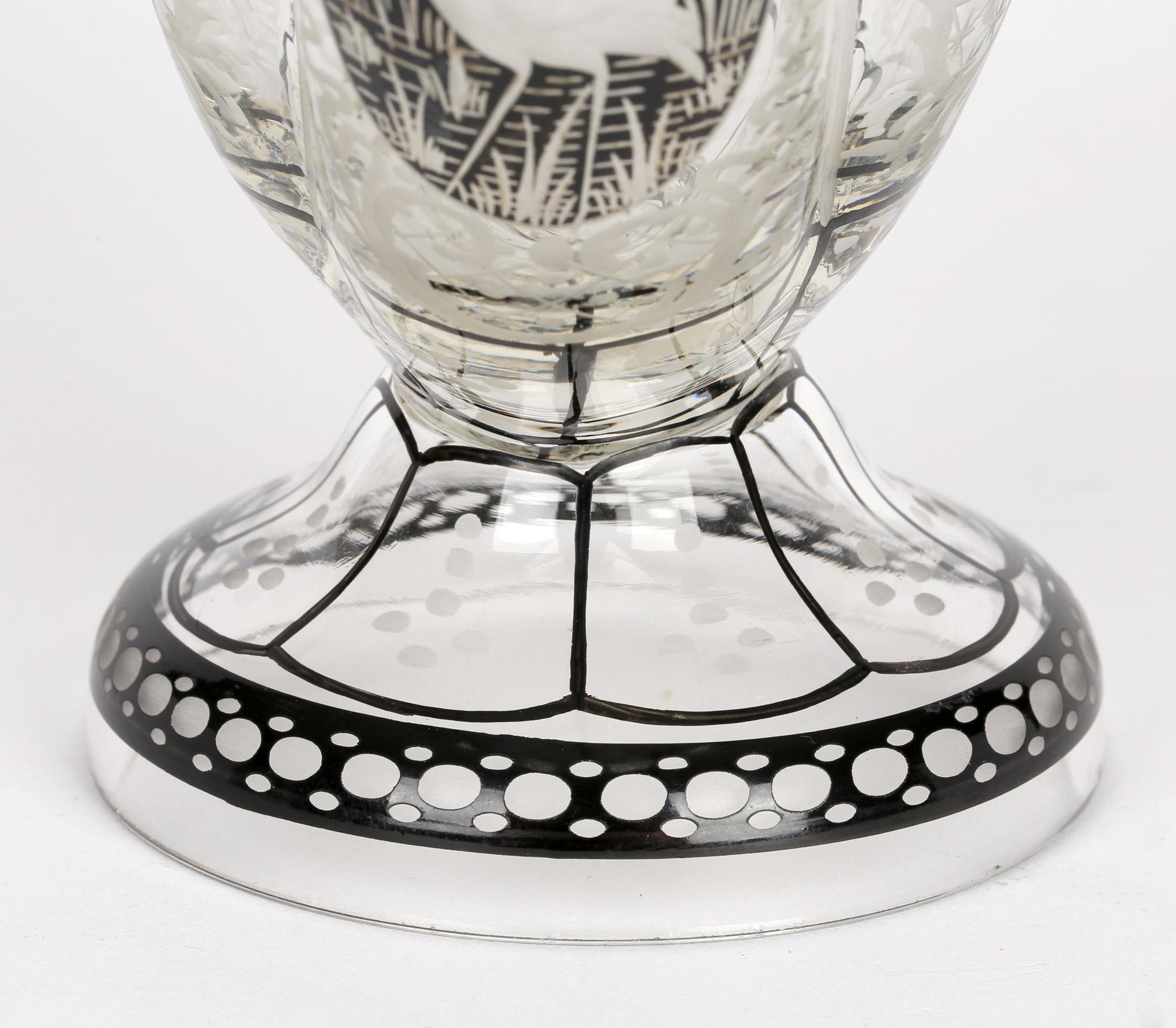 Steinschönau Schwarzlot Engraved and Etched Glass Pedestal Vase 2