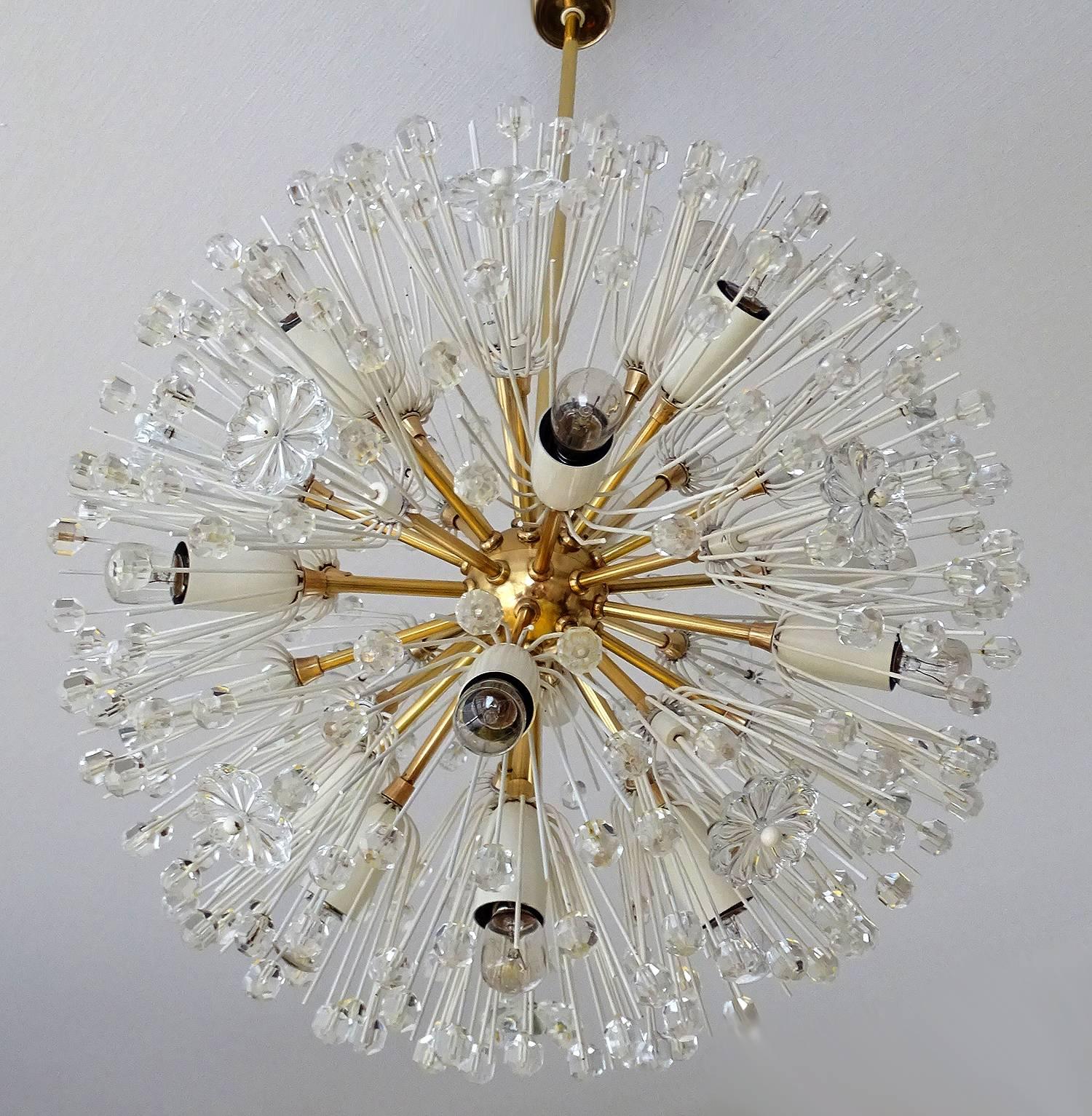 Austrian Stejnar Sputnik Flower Glass Crystal Brass Chandelier, Stilnovo Gio Ponti Era 