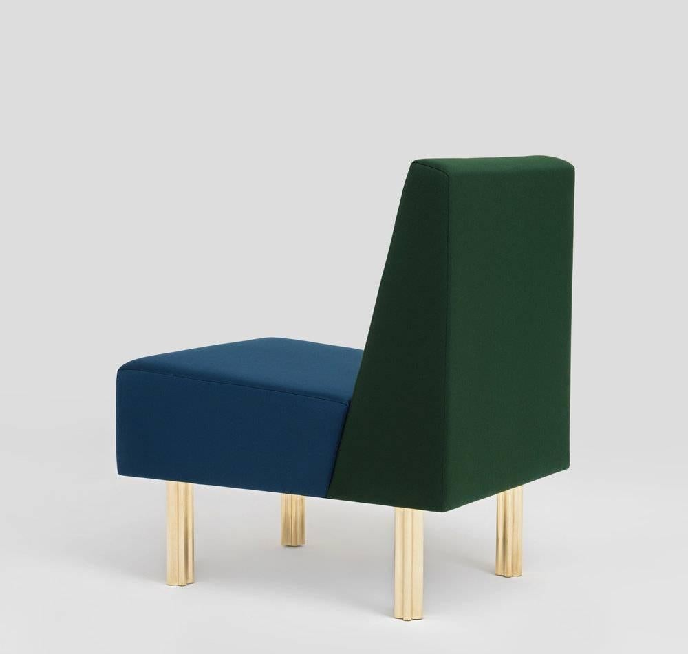 Armchair or fireside chair by Russian designer Dmitry Samygin

Plywood and metal structure. PU foam for backrest and seat covered with wool (green and blue). Possibility to choose velvet. Polished brass legs.

Measures: 81 cm x 52 cm x 70 cm (42