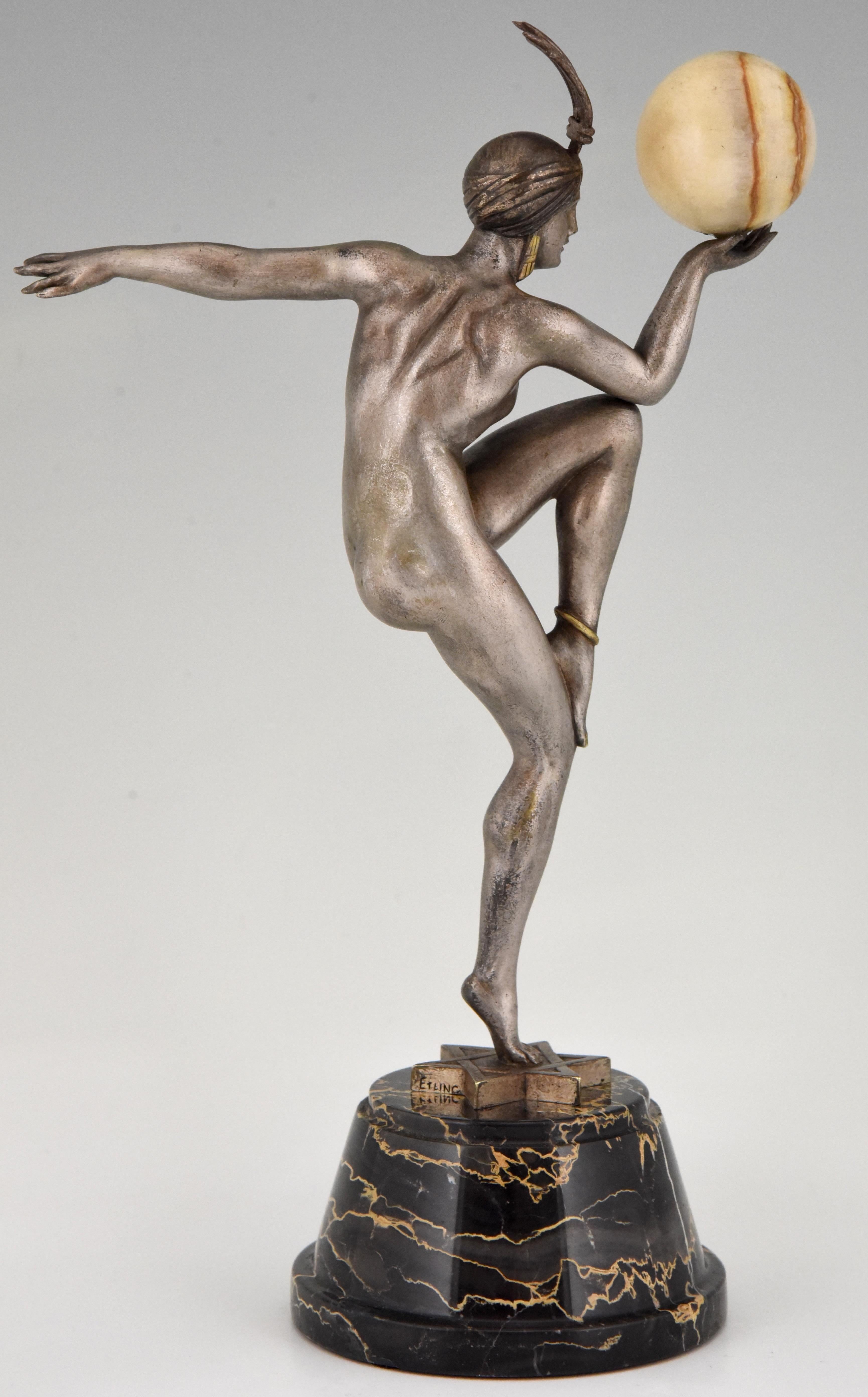 Patinated Stella Art Deco Bronze Sculpture Nude Ball Dancer Maurice Guiraud Rivière, 1920