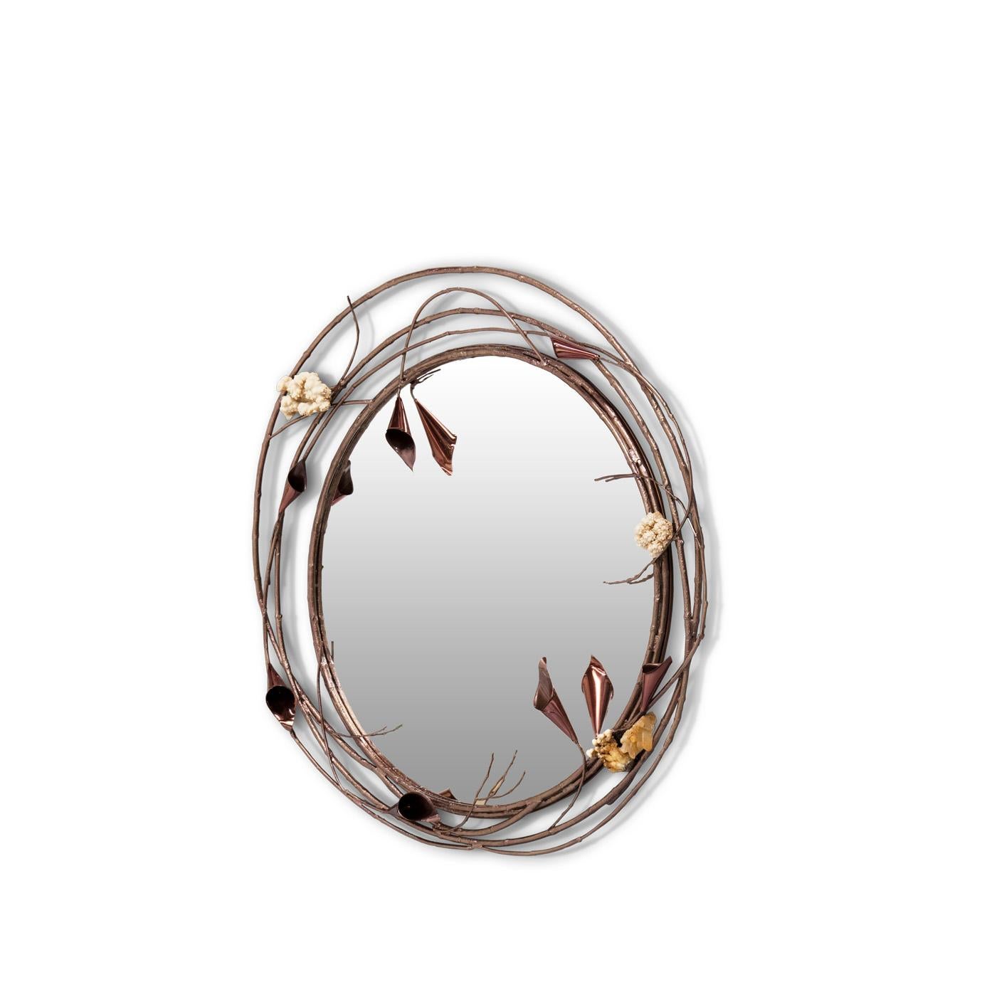 Cherish the beauty of every passing glance or intimate encounter with the flawless mirrored glass and exotic floral frame of the Stella. Fanciful stems and ethereal calla lilies accented with crystals create a charmed halo around anything that is