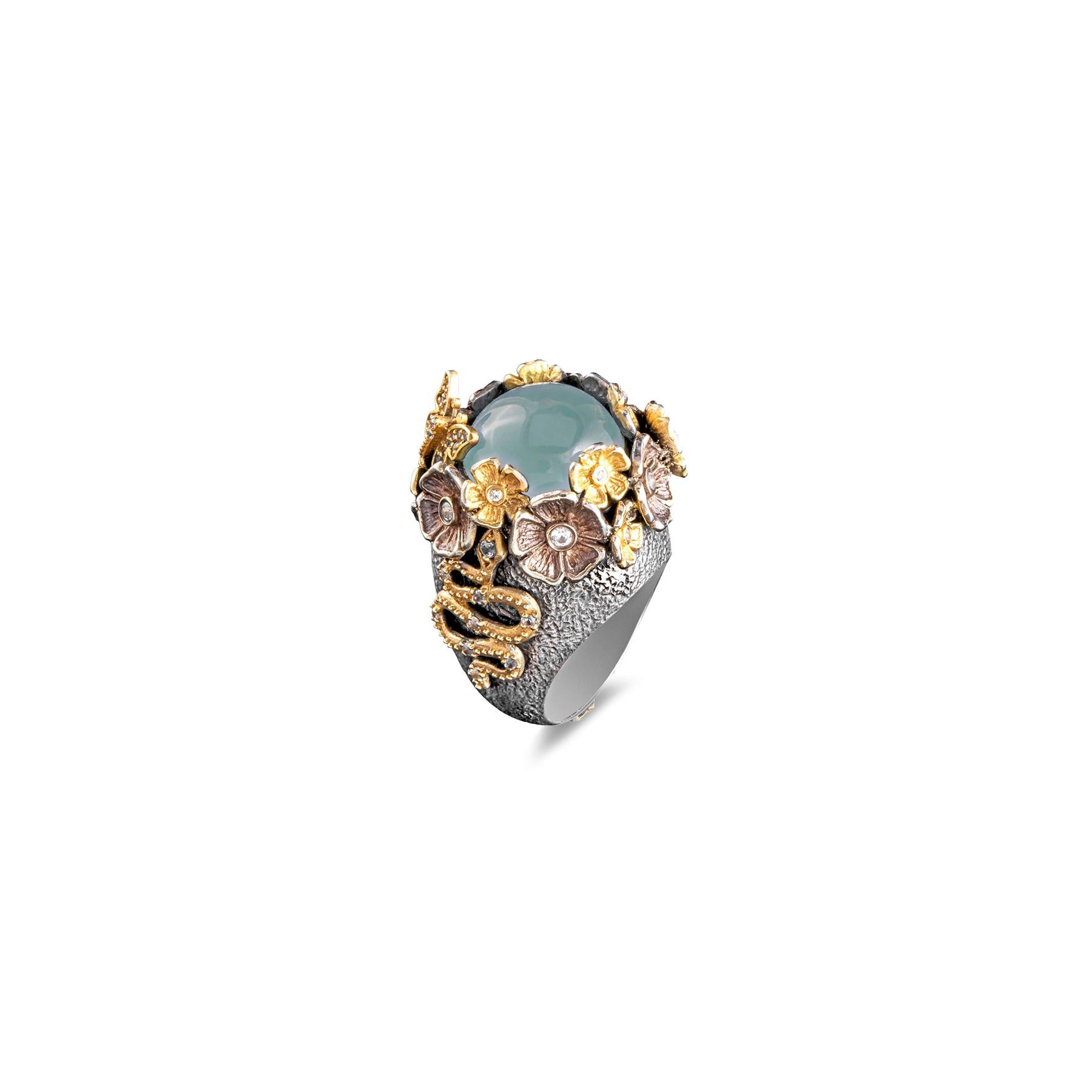 Artisan Bague fantaisie Mystery Garden aigue-marine Flame 14 carats et argent sterling en vente