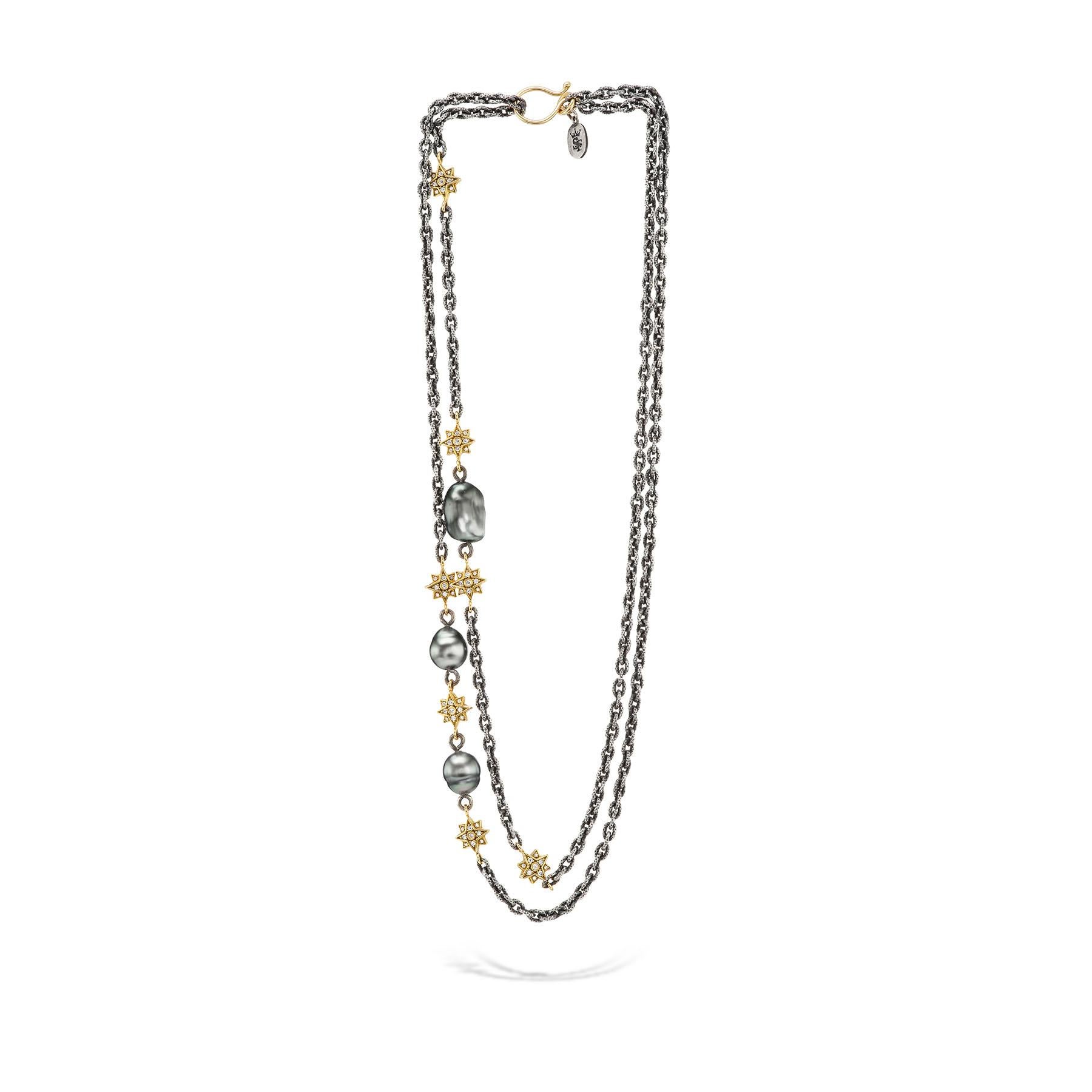 Our Sterling Silver, 18K Gold And Diamond Station Chain features seven, double-sided, solid 18K Yellow Gold Stars and three lustrous, grey, Tahitian Baroque Pearls. Twinkling, White, Round,  F-G VS1-VS-2 Diamonds completely fill the seven lucky