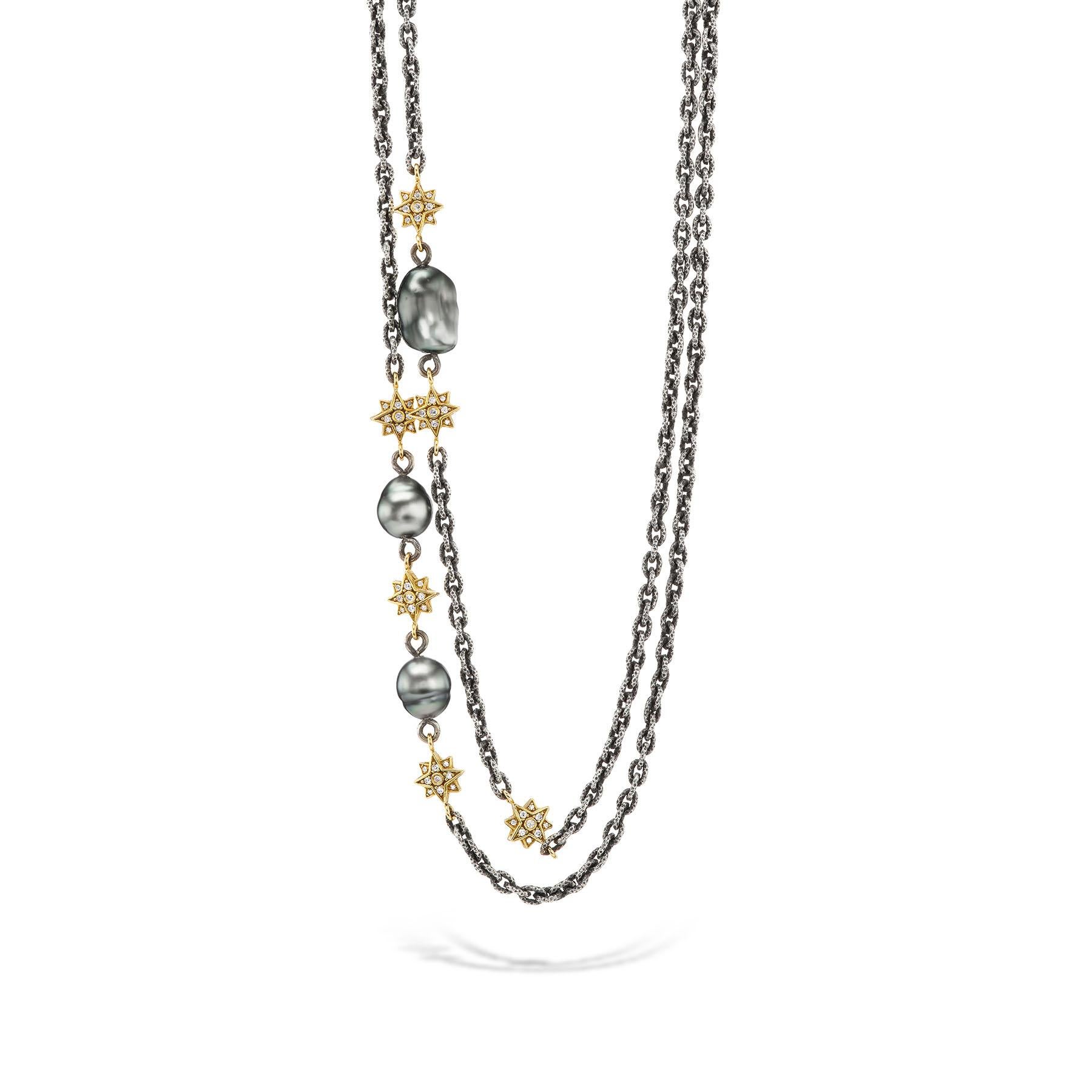 Artisan Stella Flame 18K Gold And Sterling Tahitian Pearl and Diamond Statement Chain For Sale