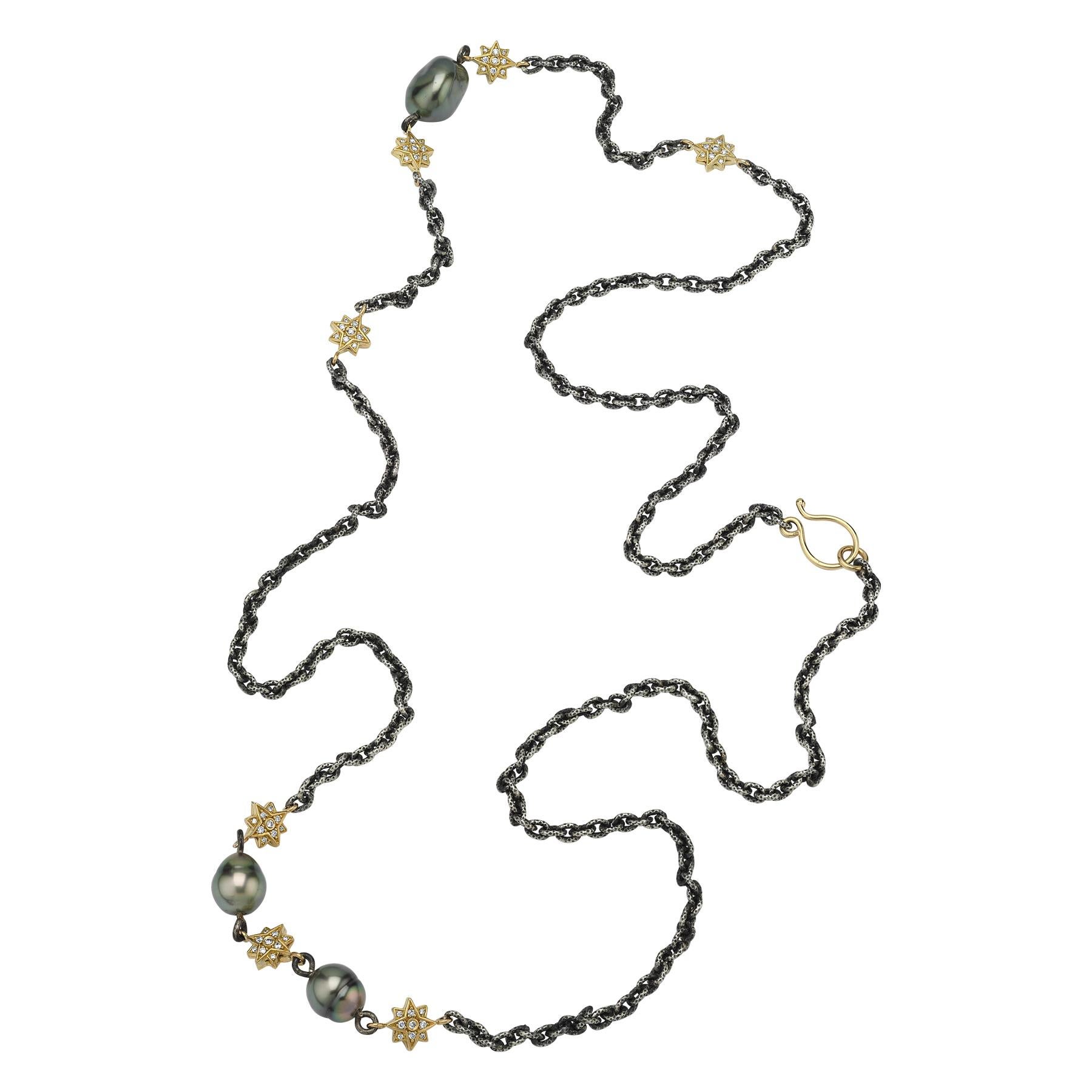 Round Cut Stella Flame 18K Gold And Sterling Tahitian Pearl and Diamond Statement Chain For Sale