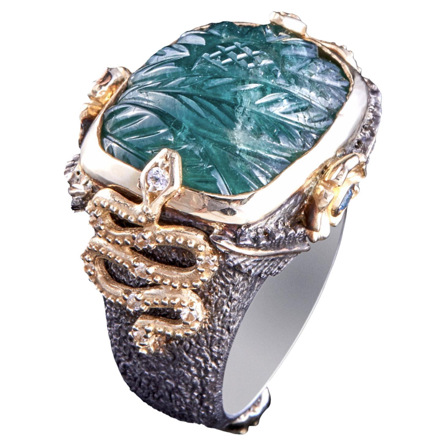 Stella Flame's Unique 14k Gold, Emerald, Spinel, White Sapphire Firenze Too Ring For Sale