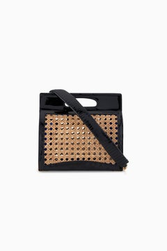 Stella Handbag Tall Black Patent Leather and Natural Wicker
