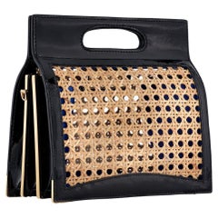 Stella Handbag Tall Black Patent Leather and Natural Wicker