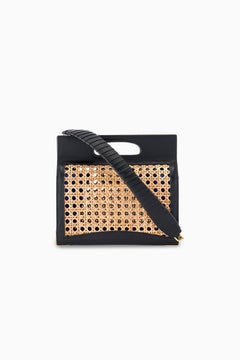 Stella Handbag Tall Jet Black Leather with Natural Wicker