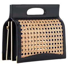 Stella Handbag Tall Jet Black Leather with Natural Wicker