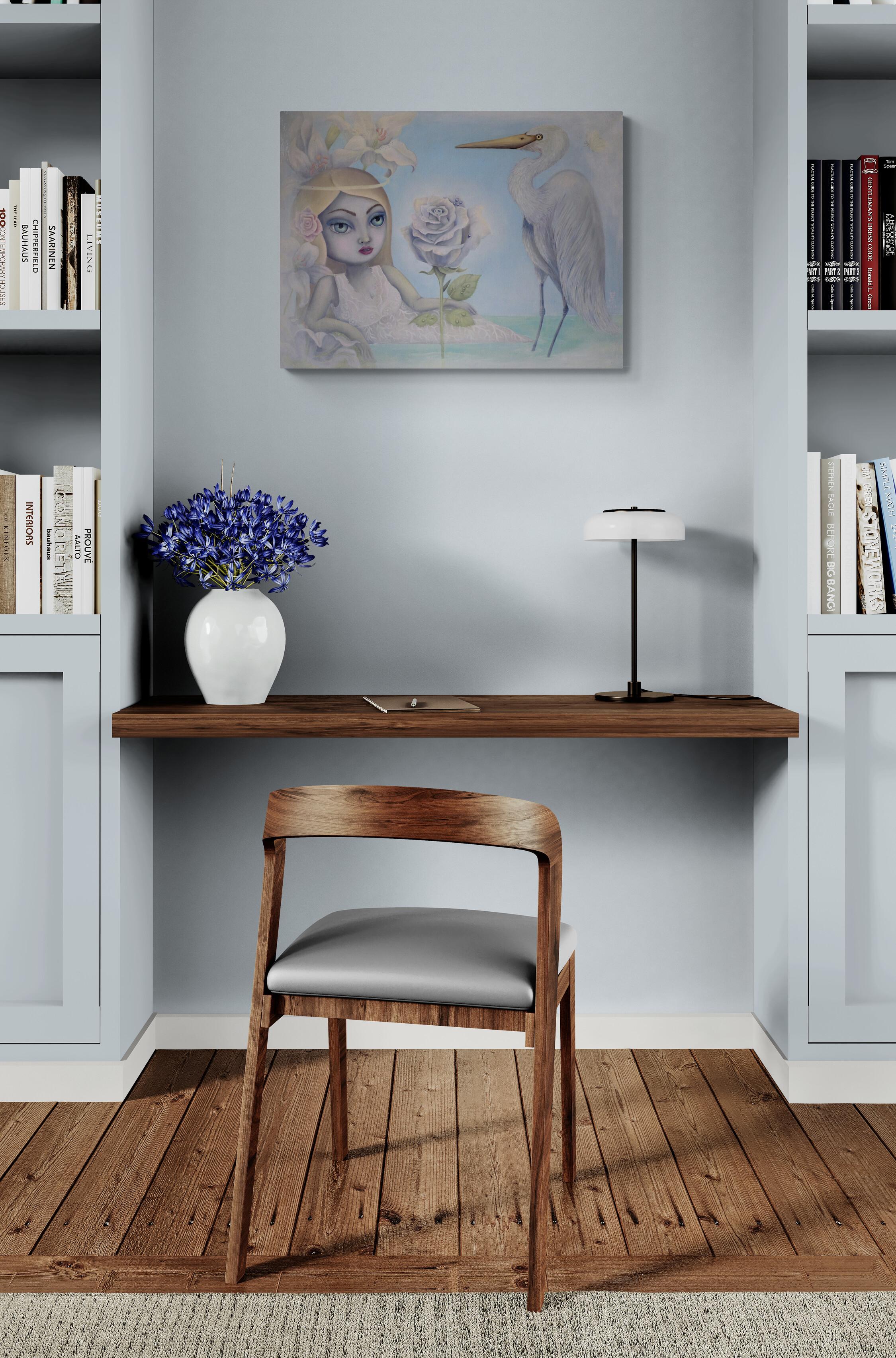 Candeur (Pittura a olio, Simbolista, Ritratto, Rosa, Gru, Orchidea) - Painting di Stella Jae
