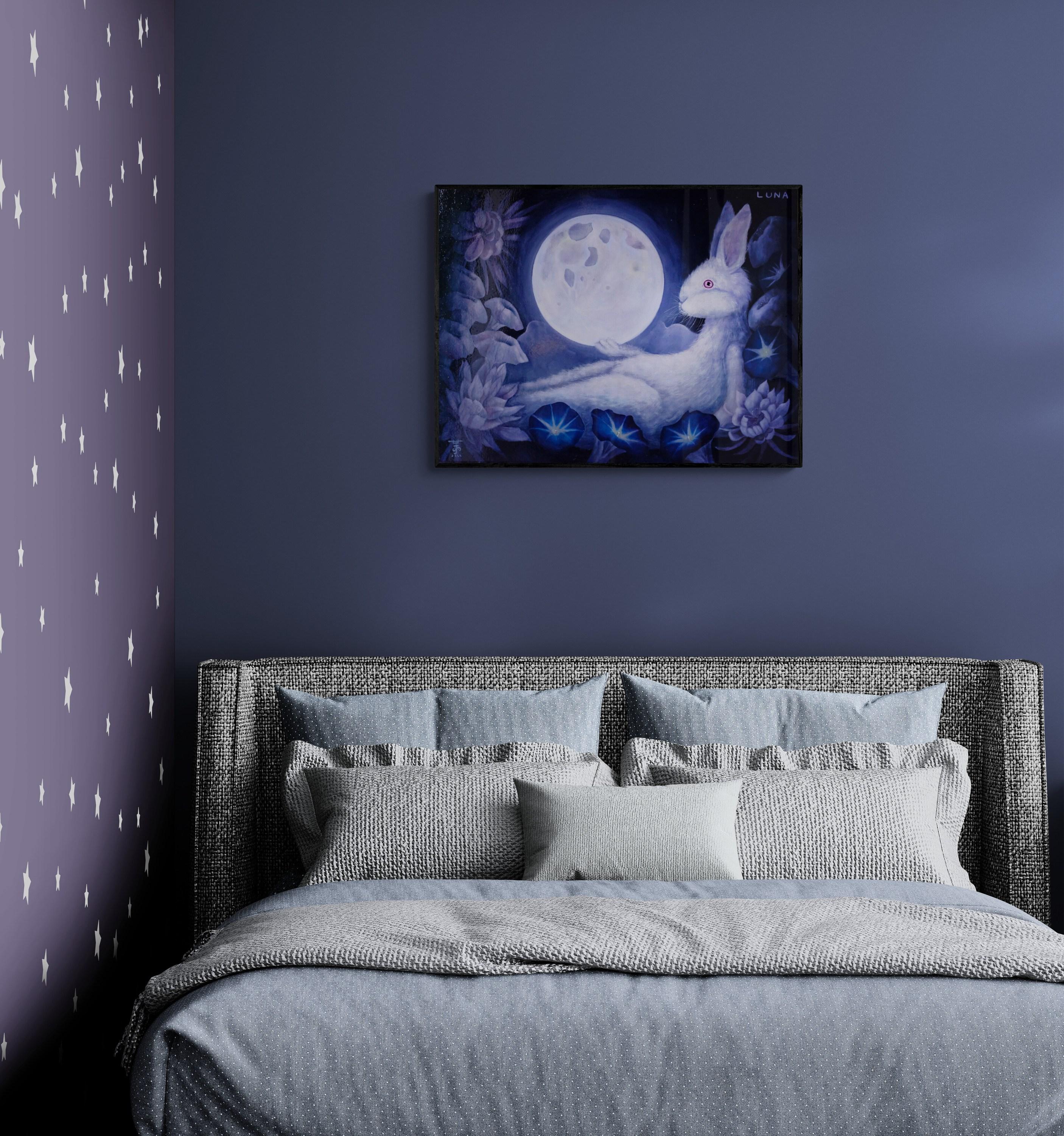 Mondlicht (Ölgemälde, Symbolistisches Gemälde, Hare, Mond, Lichter) – Painting von Stella Jae