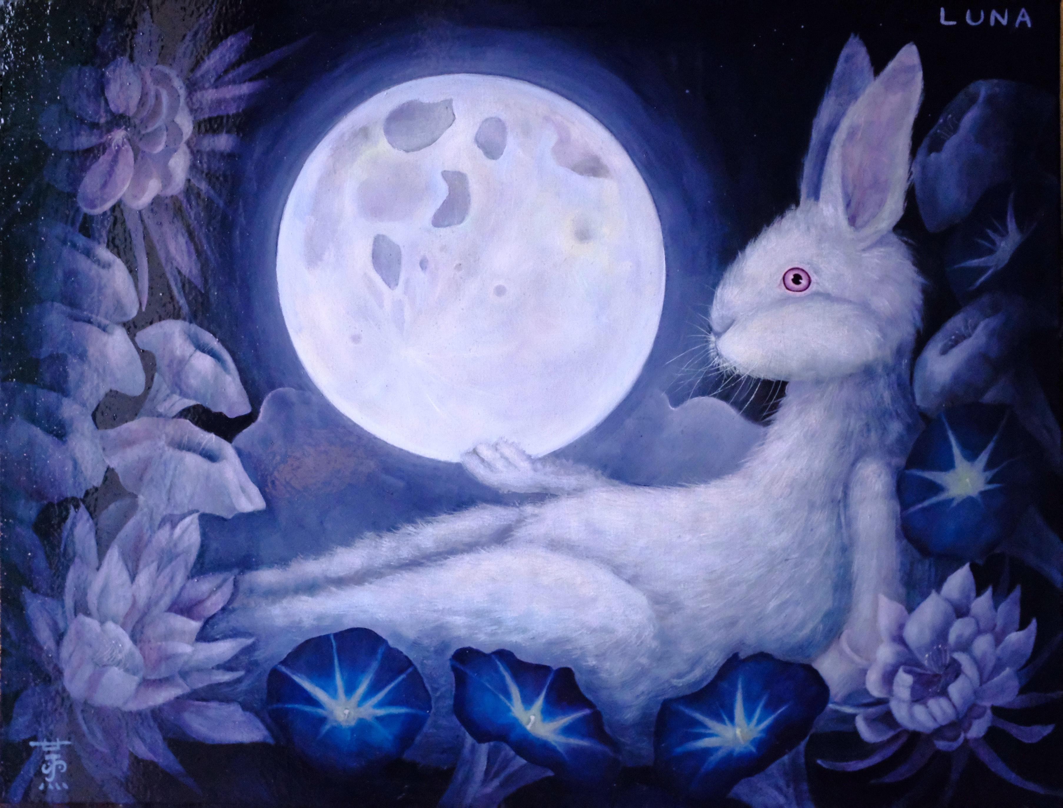 Stella Jae Portrait Painting – Mondlicht (Ölgemälde, Symbolistisches Gemälde, Hare, Mond, Lichter)