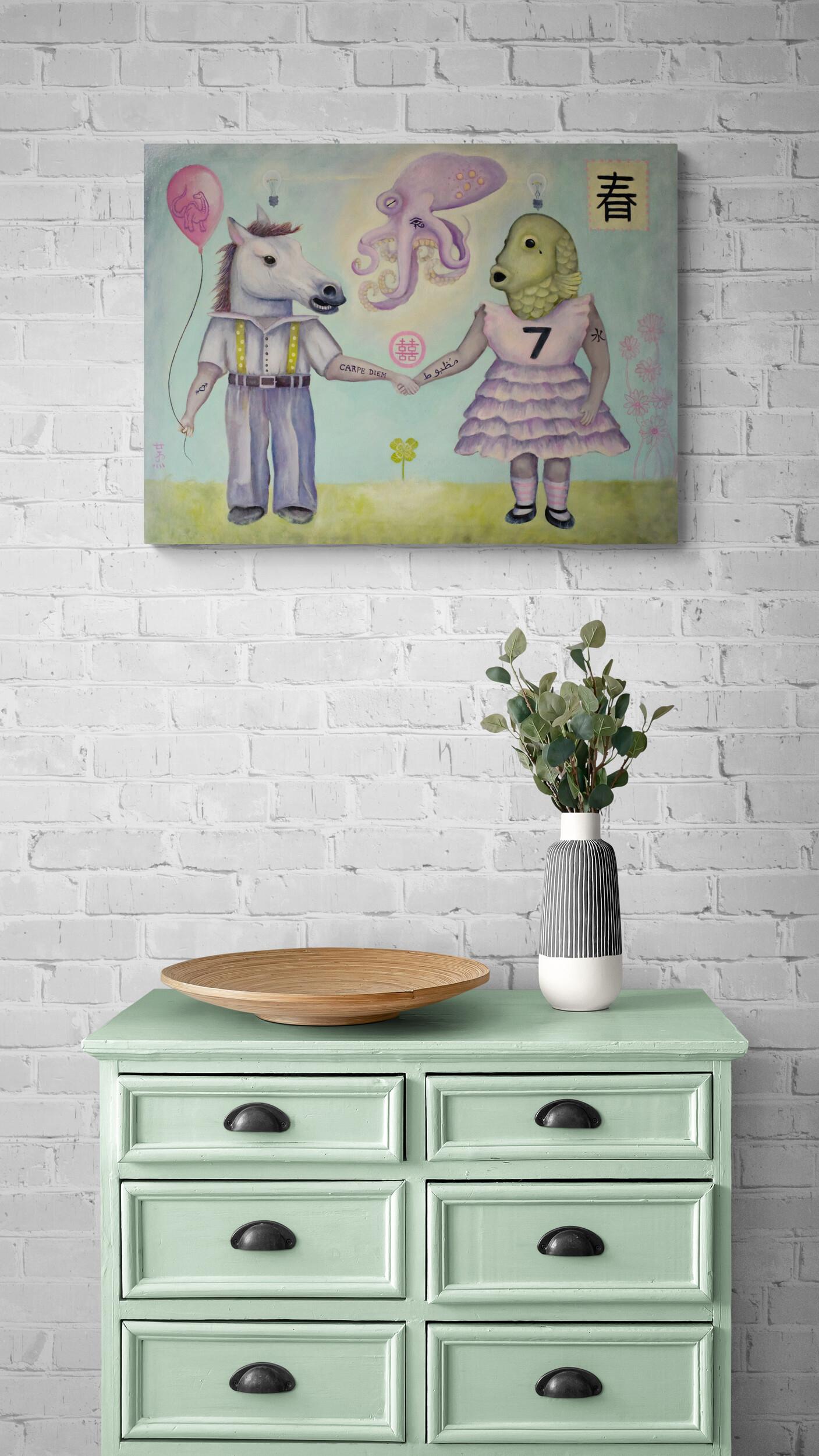 Primavera (Pittura a olio, Simbolista, Cavallo, Pesce, Polpo, Palloncino) - Painting Simbolismo di Stella Jae