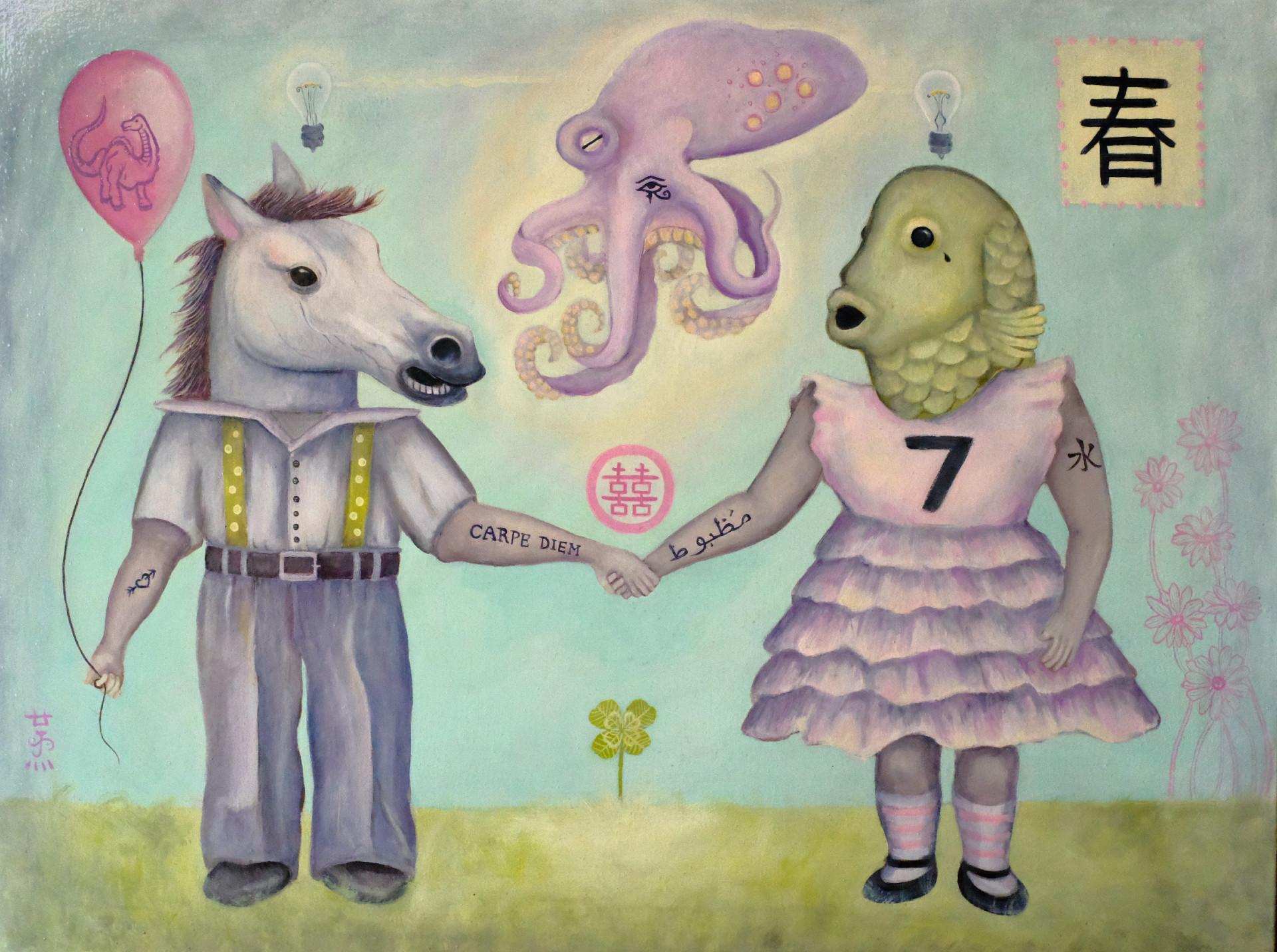 Primavera (Pittura a olio, Simbolista, Cavallo, Pesce, Polpo, Palloncino)