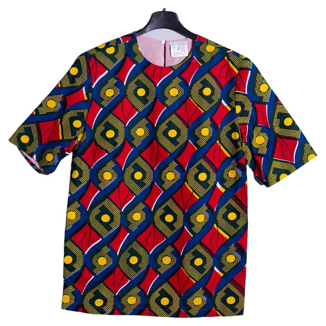 Stella Jean African-style T-shirt in red and blue For Sale