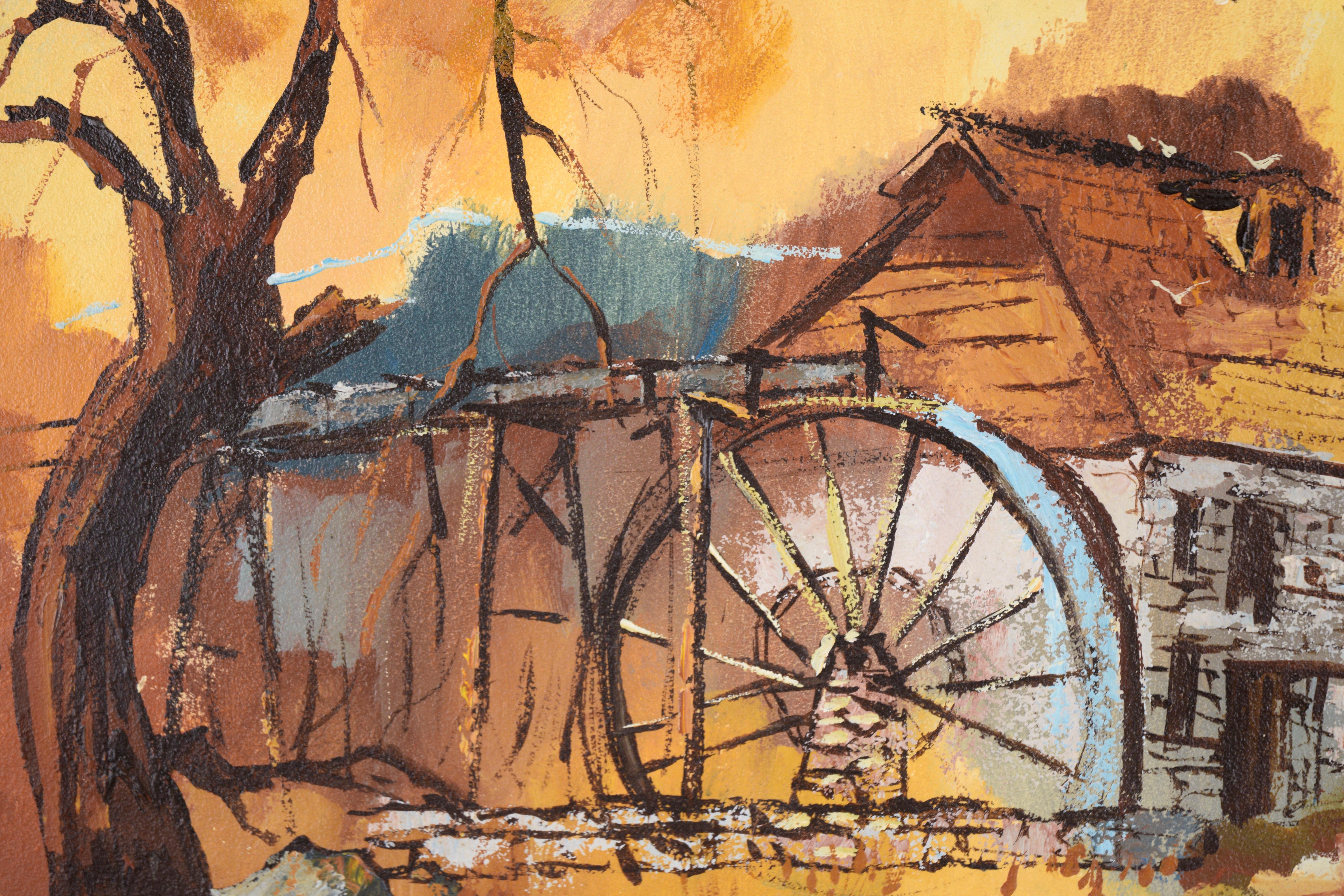 Forbes Mill, Los Gatos - Historic Landscape in Acrylic on Masonite

Idyllic California watermill landscape by Stella Leis (American, b. 1922). This autumn-themed painting depicts Forbes Mill in Los Gatos, California. The multi-story mill sits at the