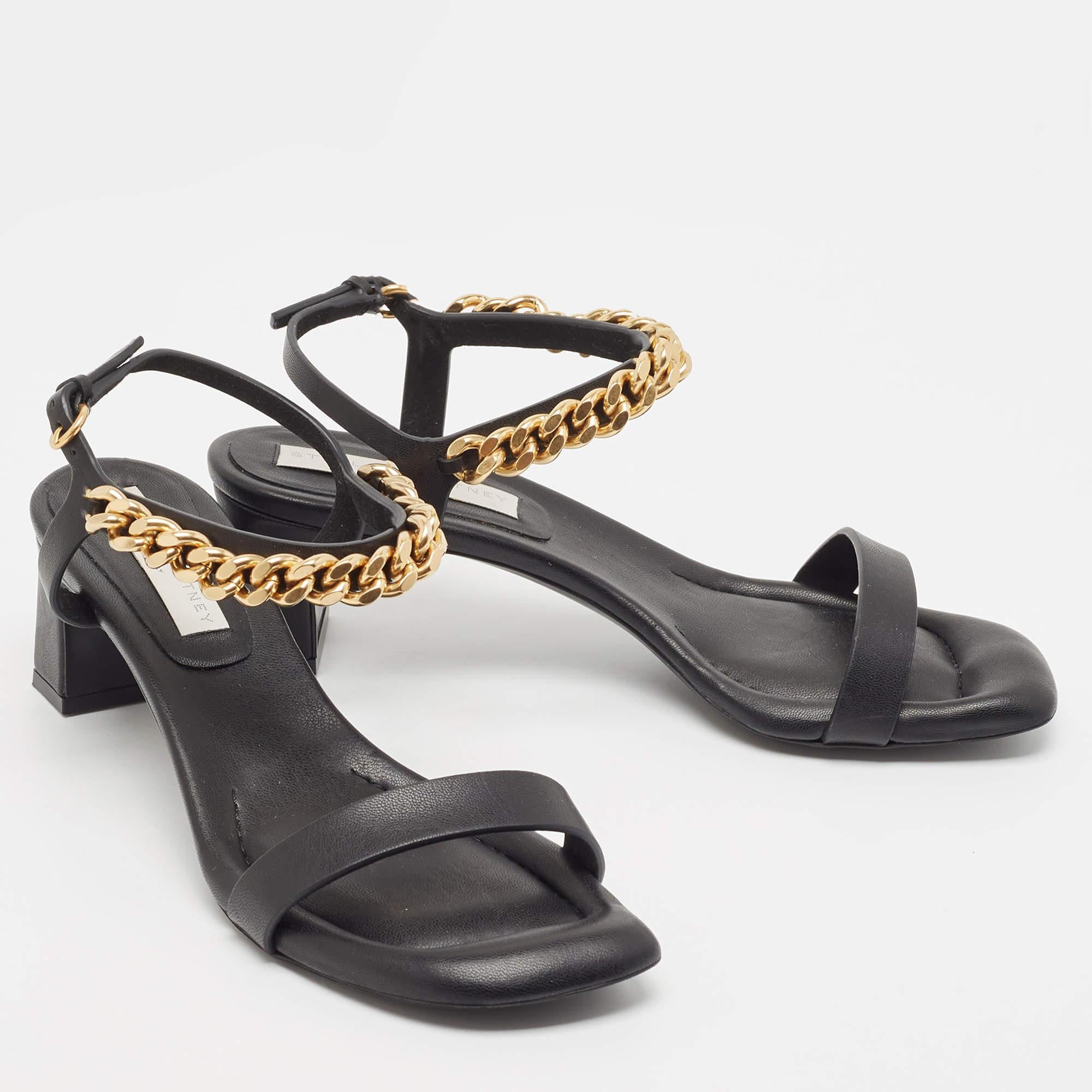 Stella Mccartne Black Faux Leather Chain-Link Accents Ankle Strap Sandals Size 4 In Good Condition In Dubai, Al Qouz 2