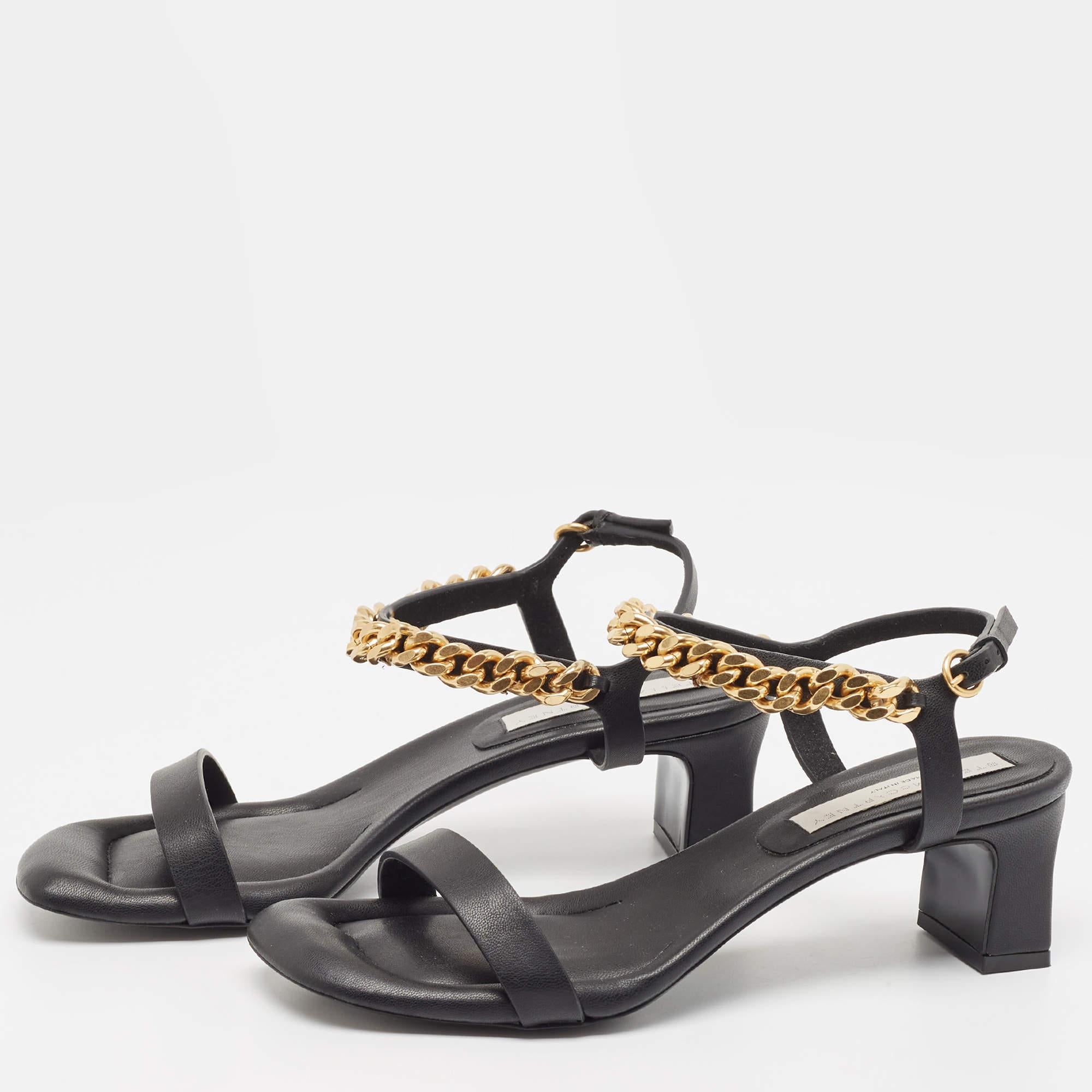 Women's Stella Mccartne Black Faux Leather Chain-Link Accents Ankle Strap Sandals Size 4