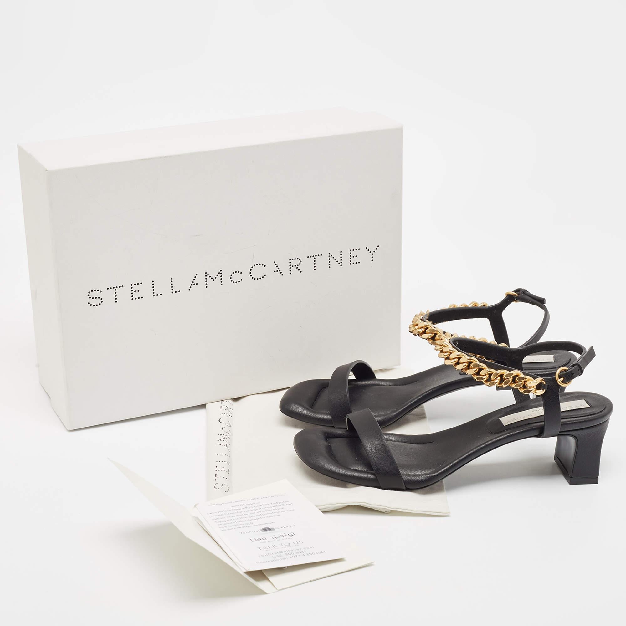 Stella Mccartne Black Faux Leather Chain-Link Accents Ankle Strap Sandals Size 4 5