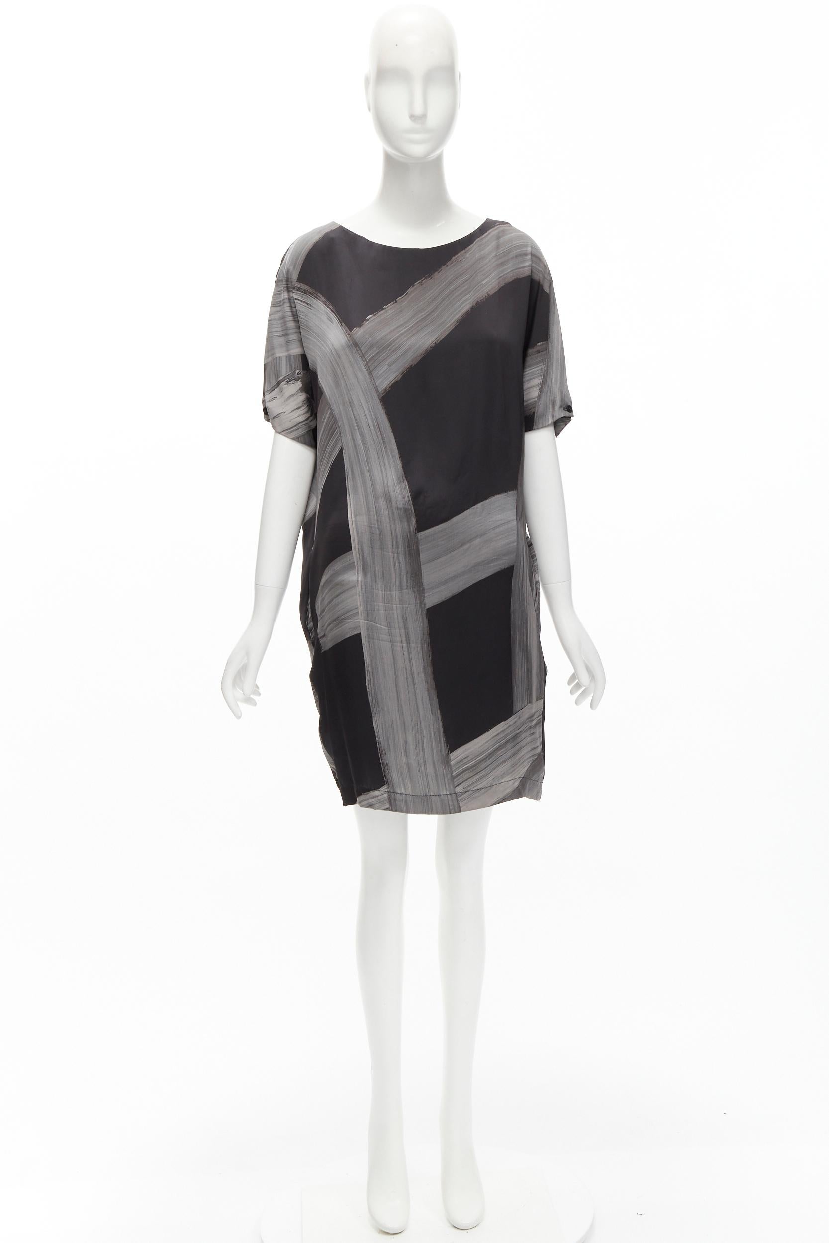STELLA MCCARTNEY 100% silk black grey brush stroke print bateau dress IT38 XS For Sale 5