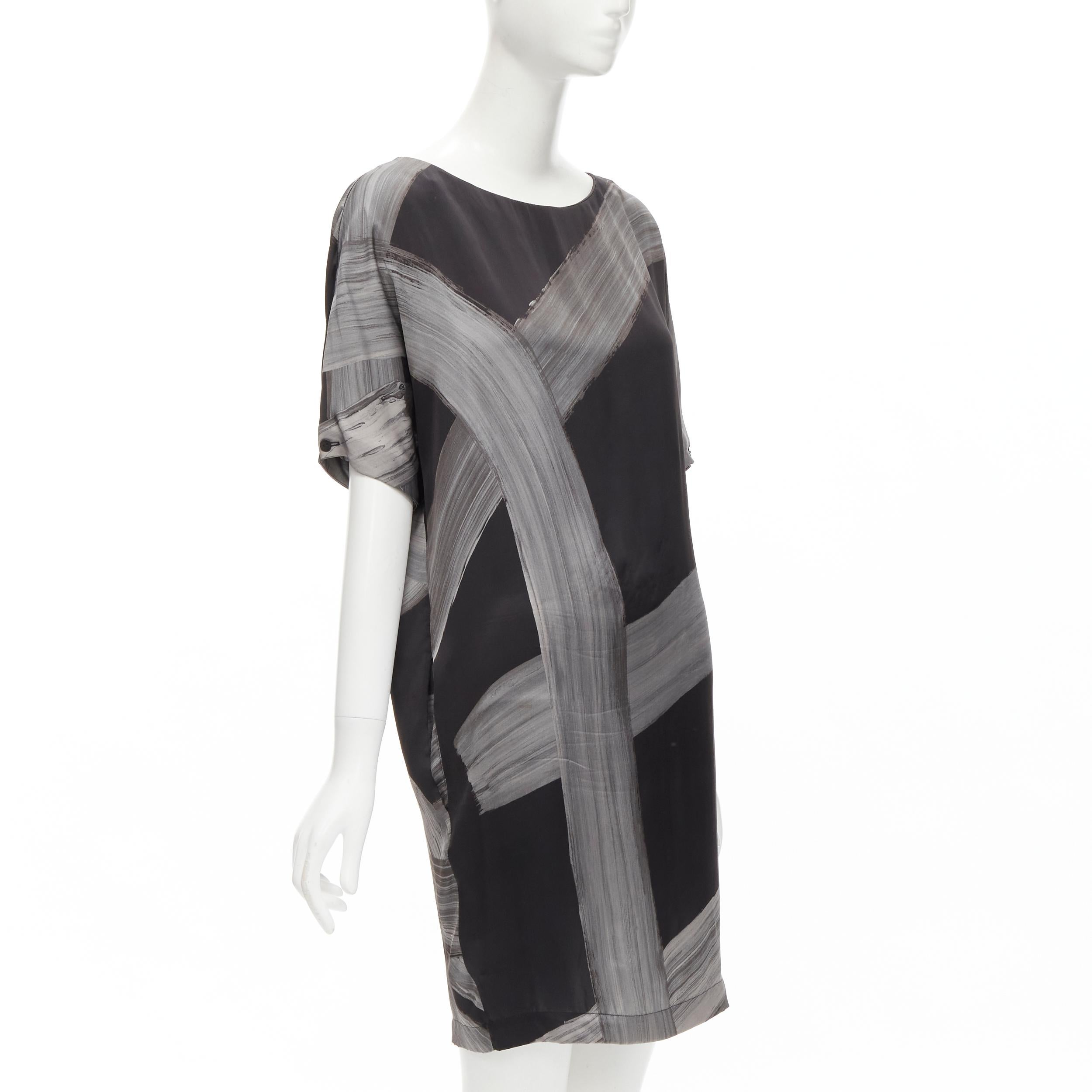 Black STELLA MCCARTNEY 100% silk black grey brush stroke print bateau dress IT38 XS For Sale