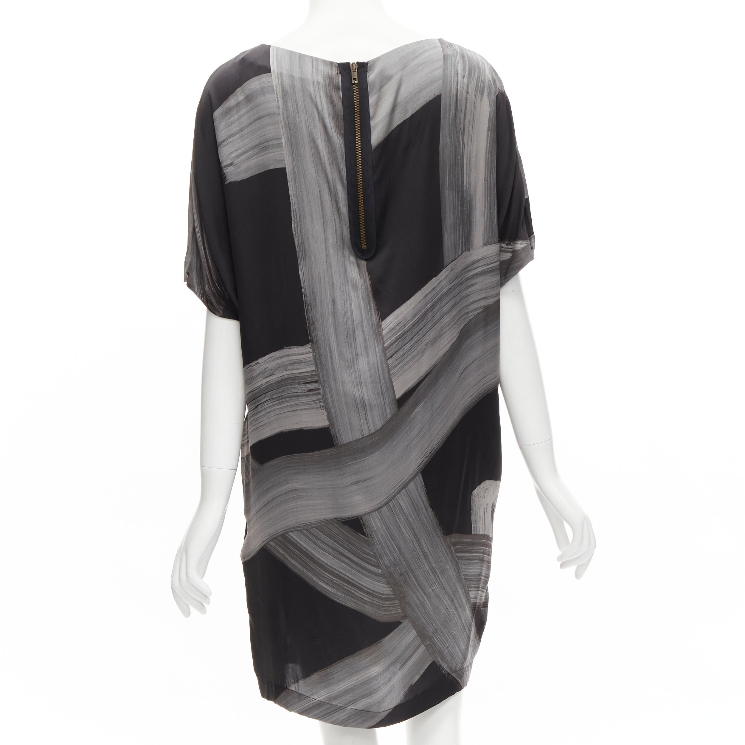 Women's STELLA MCCARTNEY 100% silk black grey brush stroke print bateau dress IT38 XS For Sale