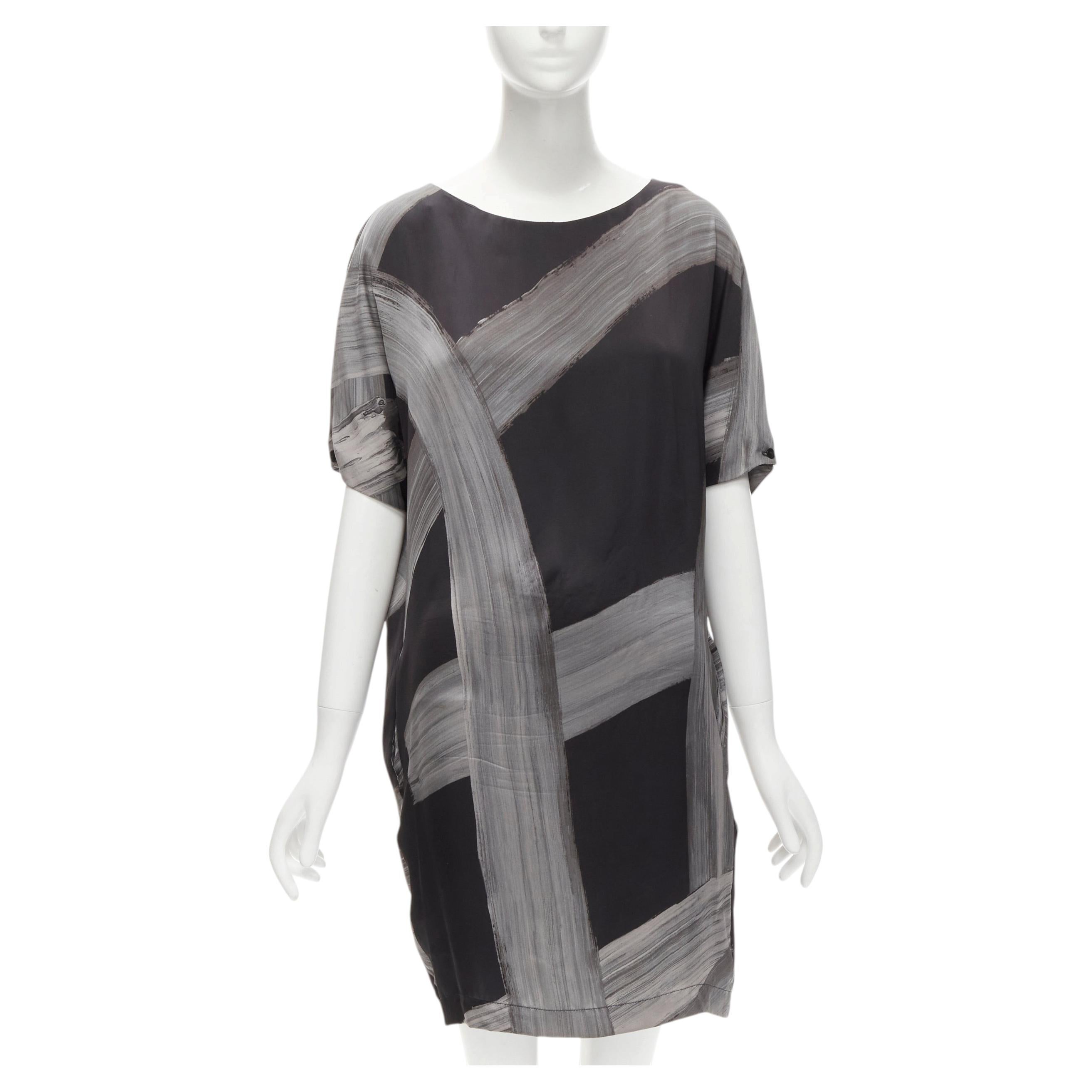 Pre-owned Stella Mccartney 100% Silk Black Grey Brush Stroke Print Bateau Dress It38 Xs In Gray
