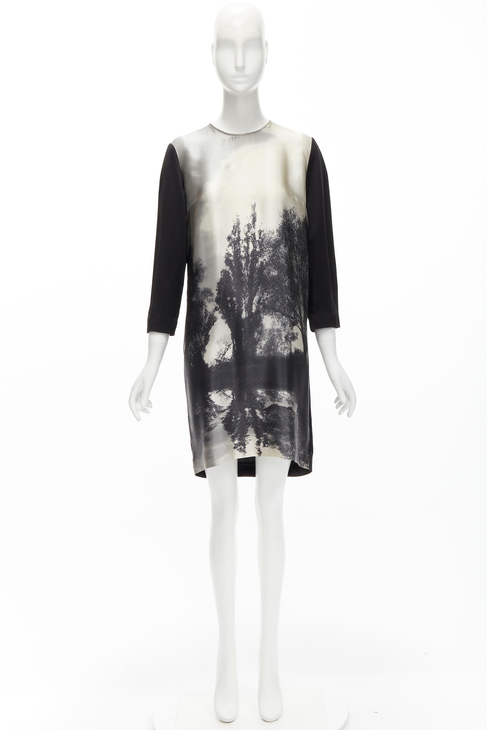 STELLA MCCARTNEY 100% silk black grey tree photo print crew neck dress 5