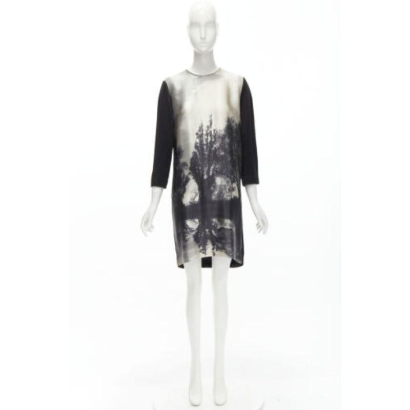 STELLA MCCARTNEY 100% silk black grey tree photo print crew neck dress For Sale 6